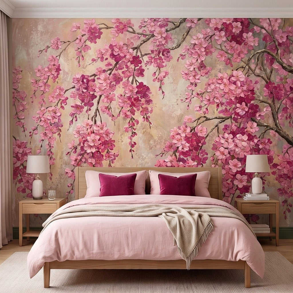 Cherry Blossom Peel and Stick Wall Mural, Pink Sakura Branches Floral Oil Painting Romantic Japanese Spring Wallpaper