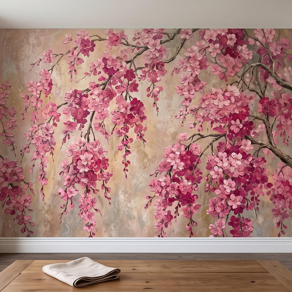 Cherry Blossom Peel and Stick Wall Mural, Pink Sakura Branches Floral Oil Painting Romantic Japanese Spring Wallpaper