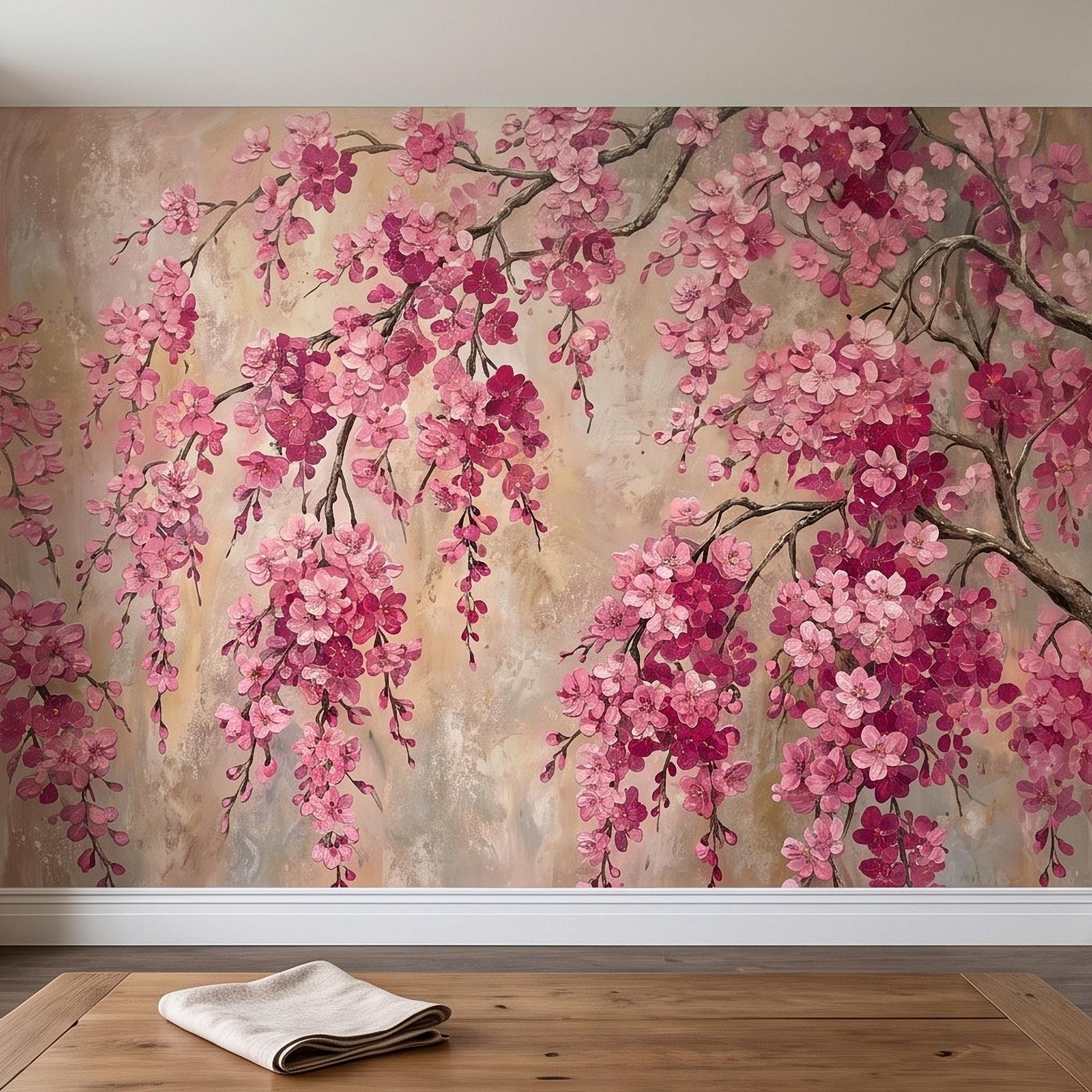 Cherry Blossom Peel and Stick Wall Mural, Pink Sakura Branches Floral Oil Painting Romantic Japanese Spring Wallpaper