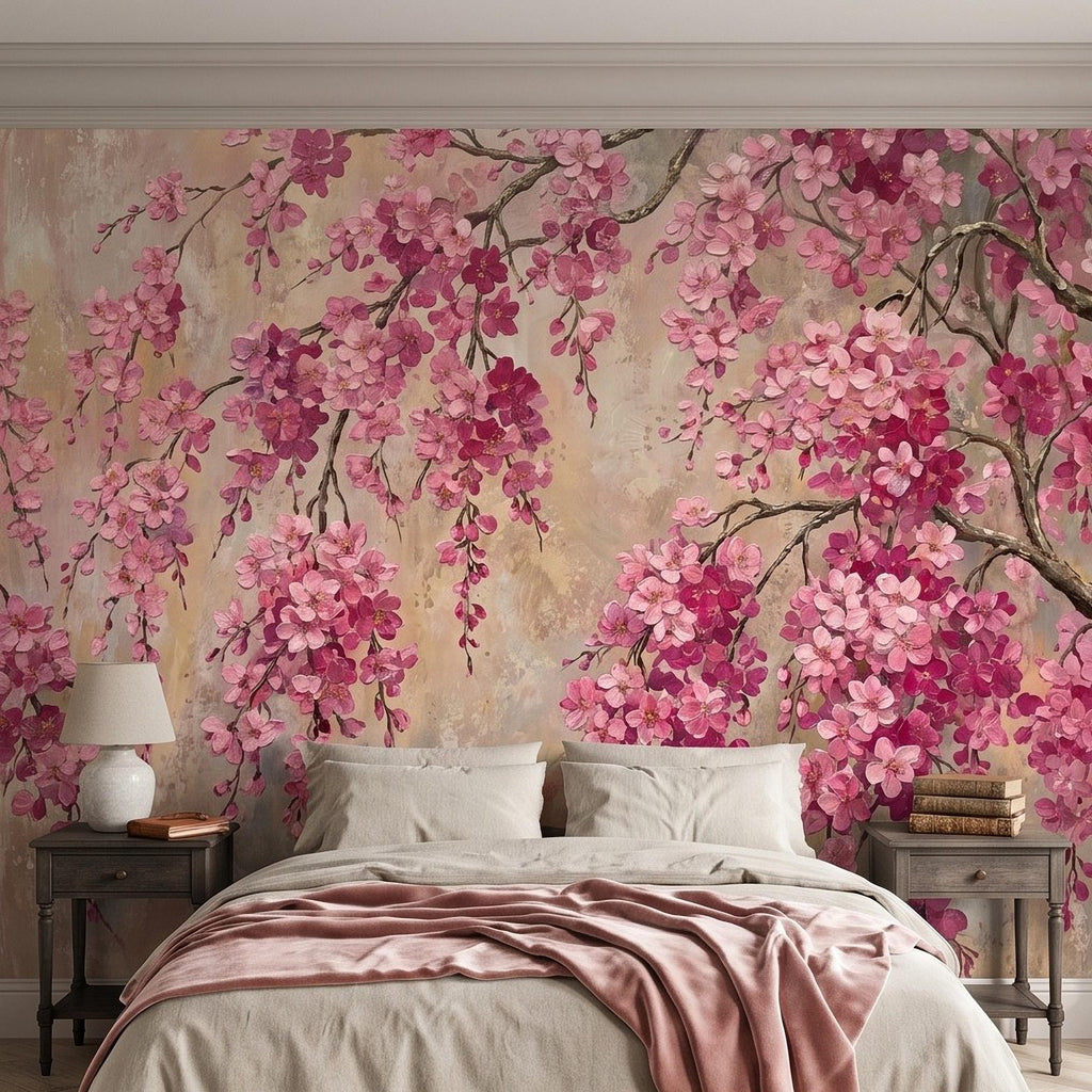 Cherry Blossom Peel and Stick Wall Mural, Pink Sakura Branches Floral Oil Painting Romantic Japanese Spring Wallpaper