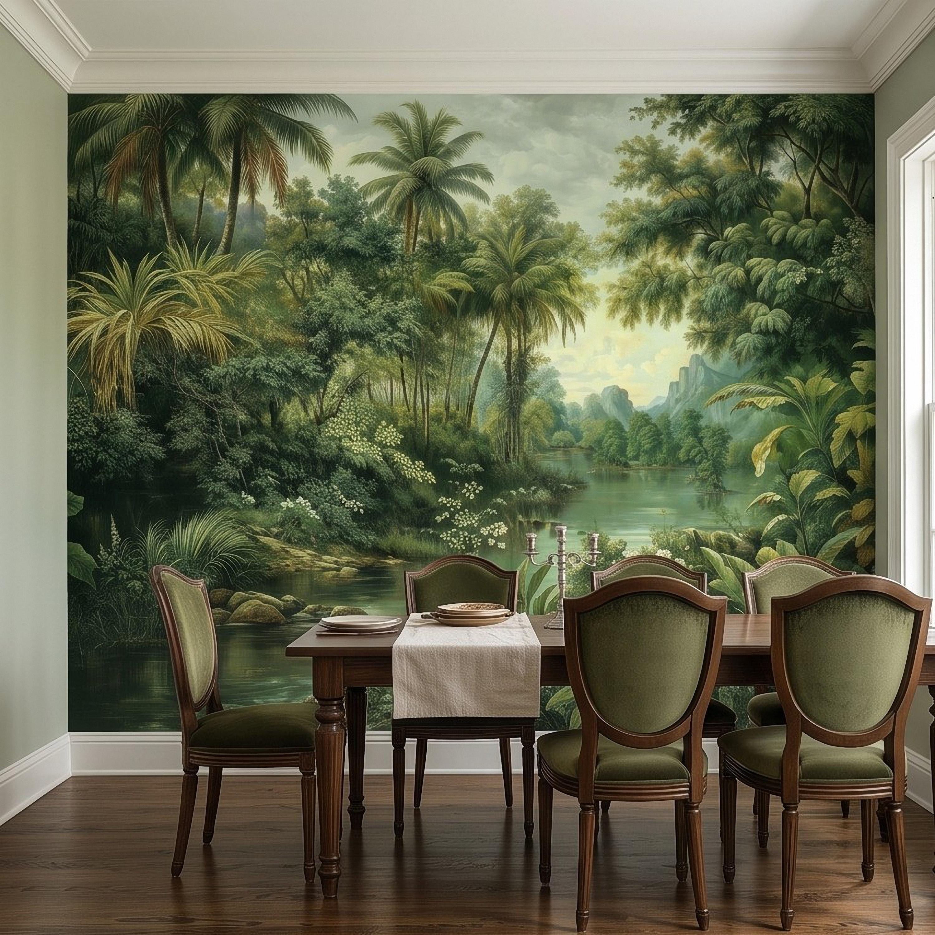 Tropical Landscape Peel and Stick Wall Mural, Lush Rainforest River Palm Trees Vintage Nature Painting Wallpaper