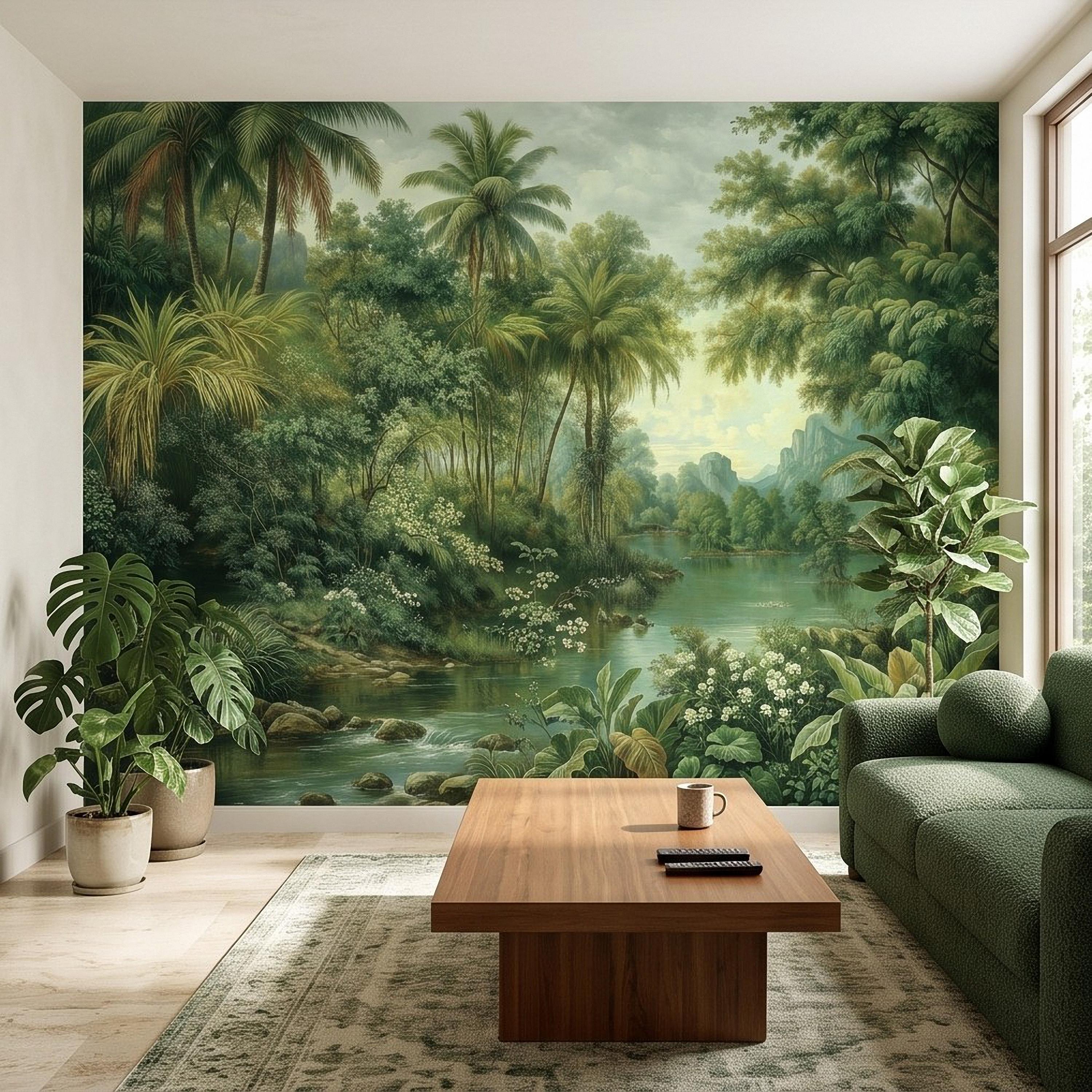 Tropical Landscape Peel and Stick Wall Mural, Lush Rainforest River Palm Trees Vintage Nature Painting Wallpaper