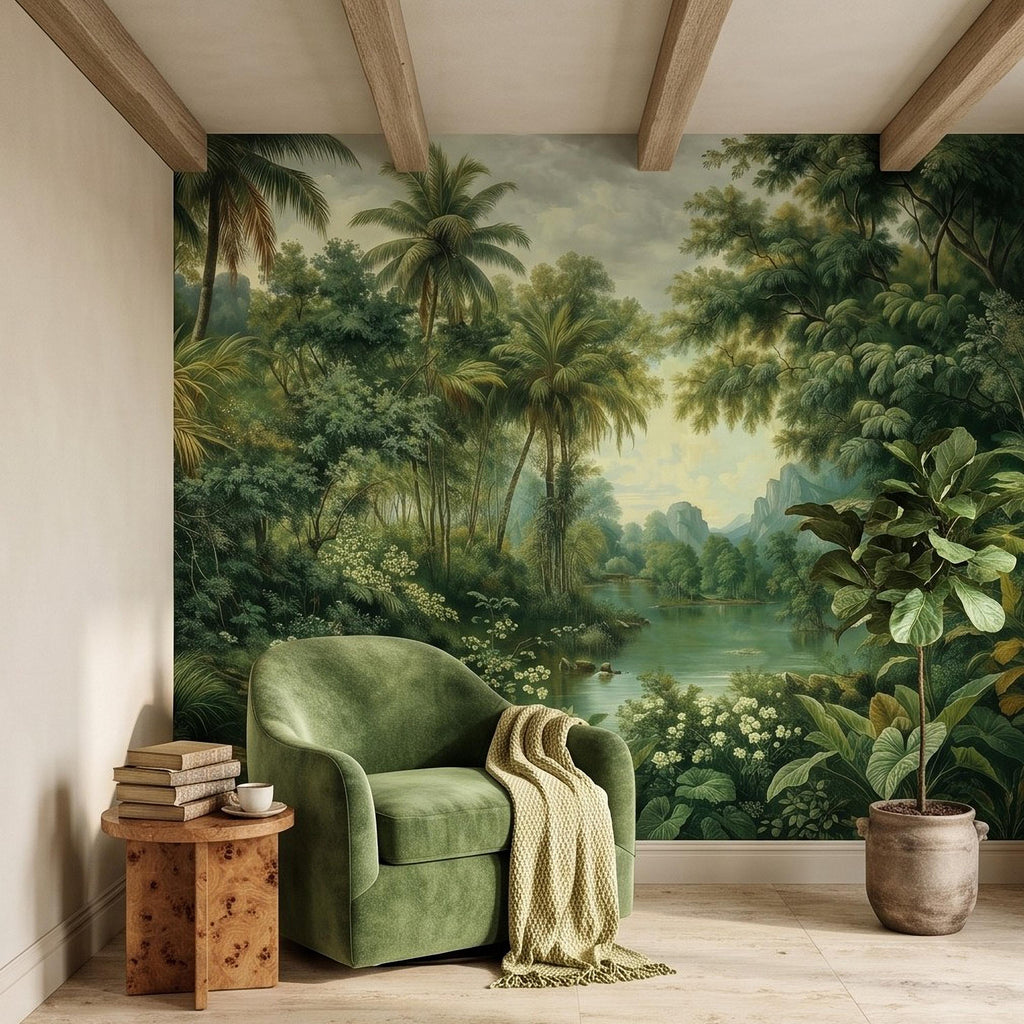 Tropical Landscape Peel and Stick Wall Mural, Lush Rainforest River Palm Trees Vintage Nature Painting Wallpaper