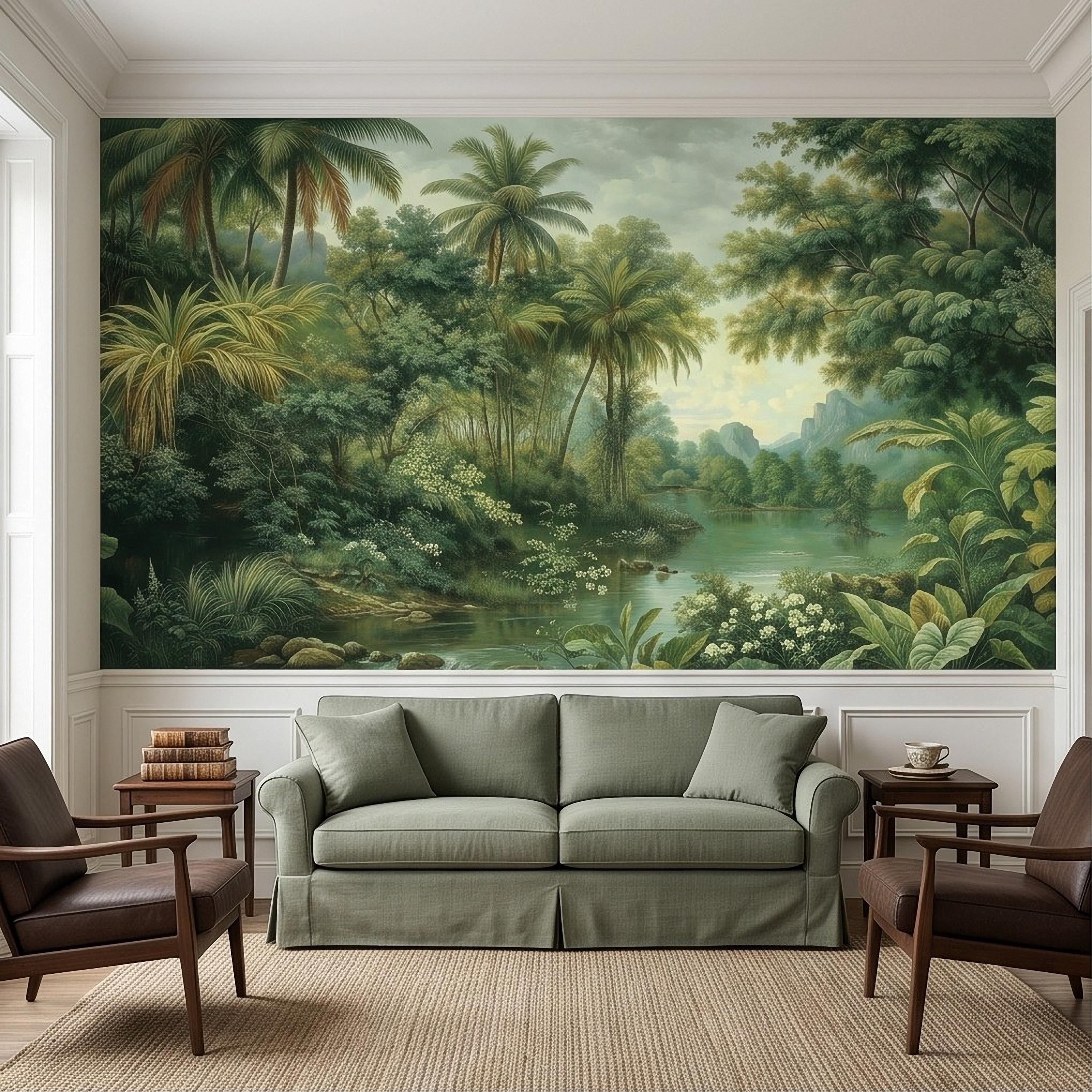 Tropical Landscape Peel and Stick Wall Mural, Lush Rainforest River Palm Trees Vintage Nature Painting Wallpaper