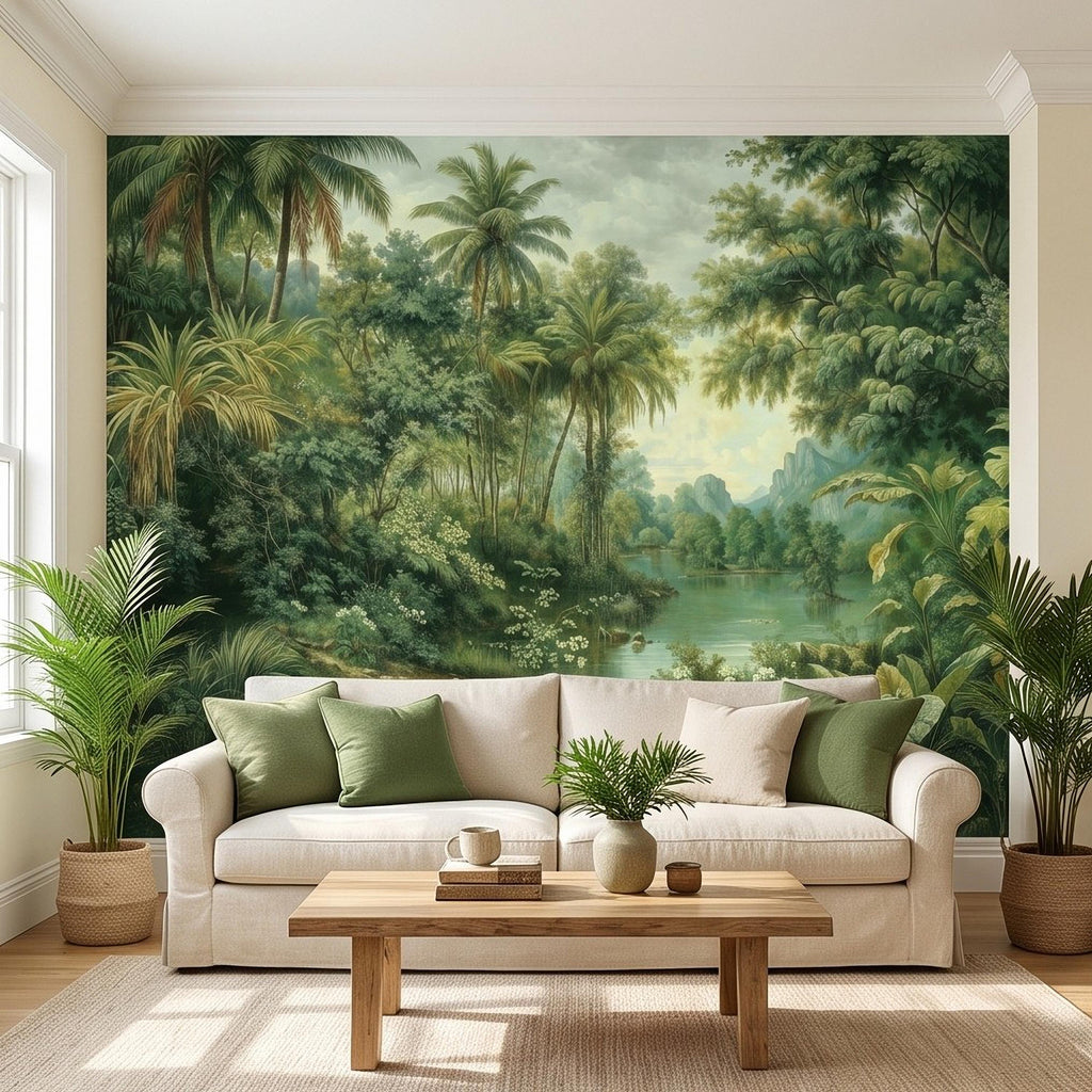 Tropical Landscape Peel and Stick Wall Mural, Lush Rainforest River Palm Trees Vintage Nature Painting Wallpaper
