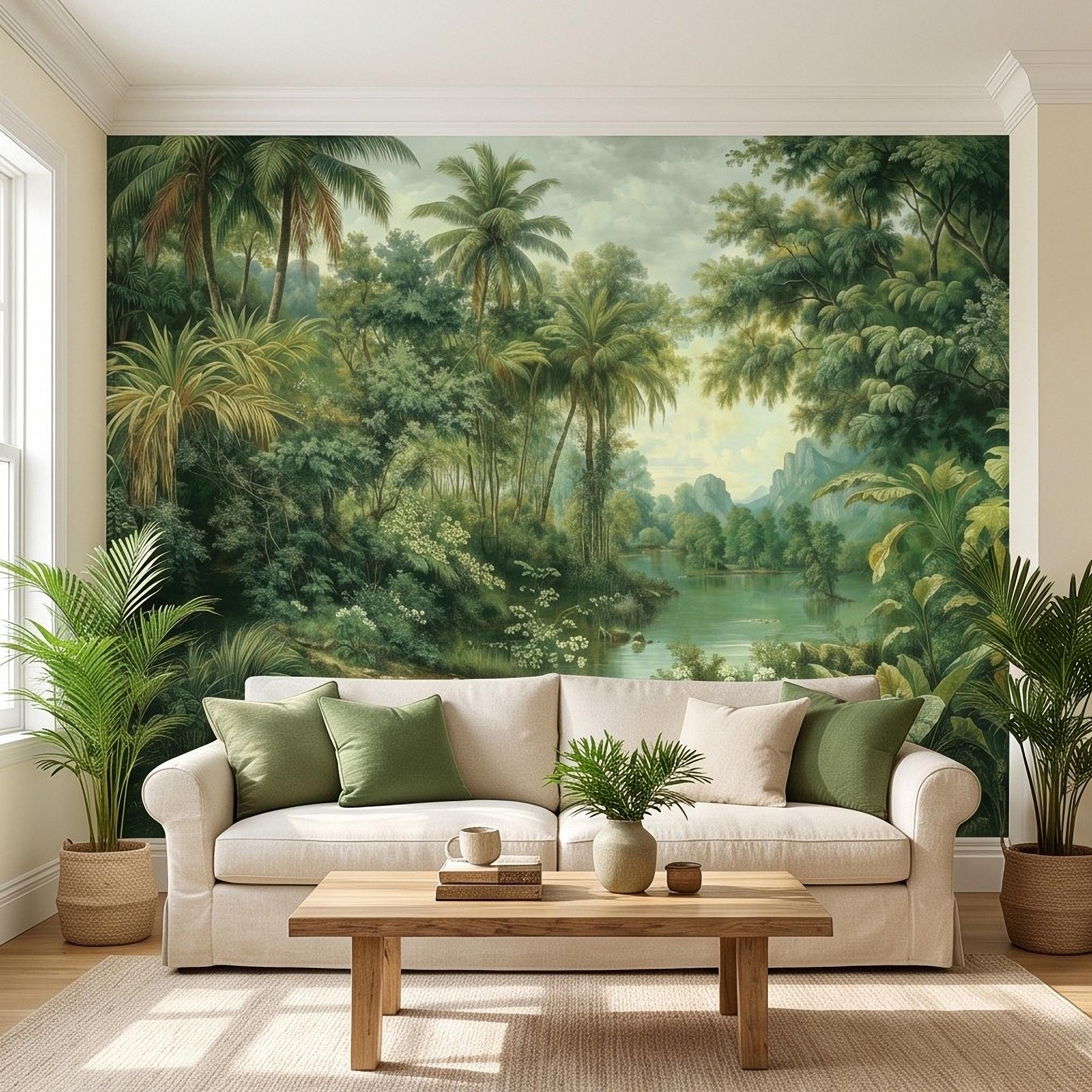 Tropical Landscape Peel and Stick Wall Mural, Lush Rainforest River Palm Trees Vintage Nature Painting Wallpaper