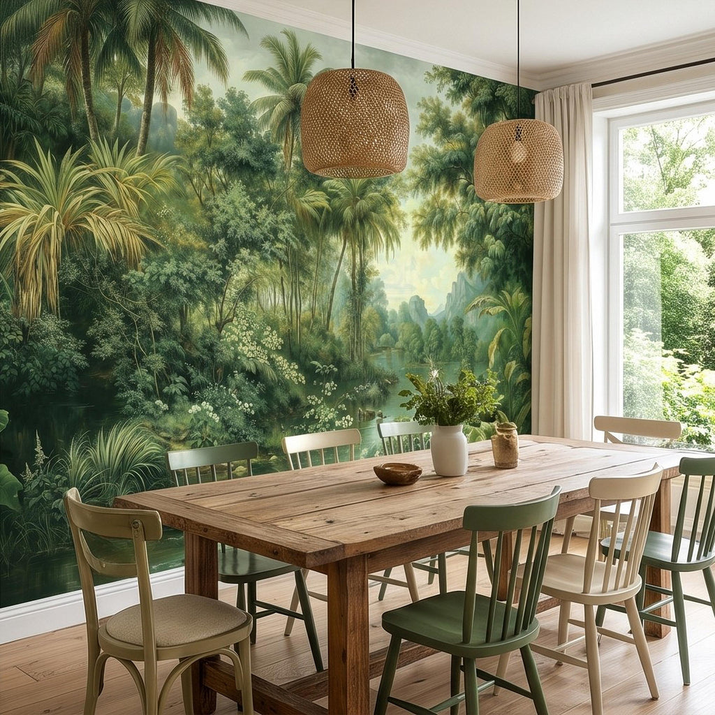 Tropical Landscape Peel and Stick Wall Mural, Lush Rainforest River Palm Trees Vintage Nature Painting Wallpaper