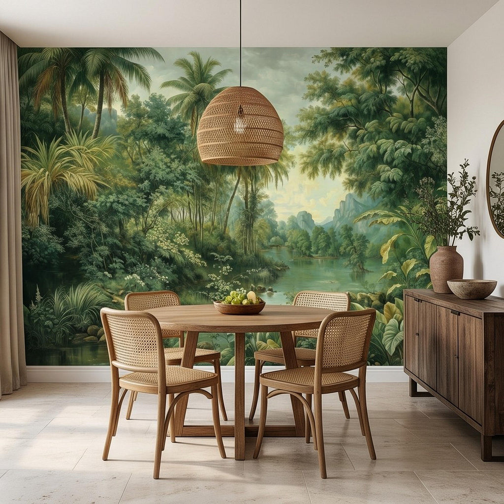 Tropical Landscape Peel and Stick Wall Mural, Lush Rainforest River Palm Trees Vintage Nature Painting Wallpaper