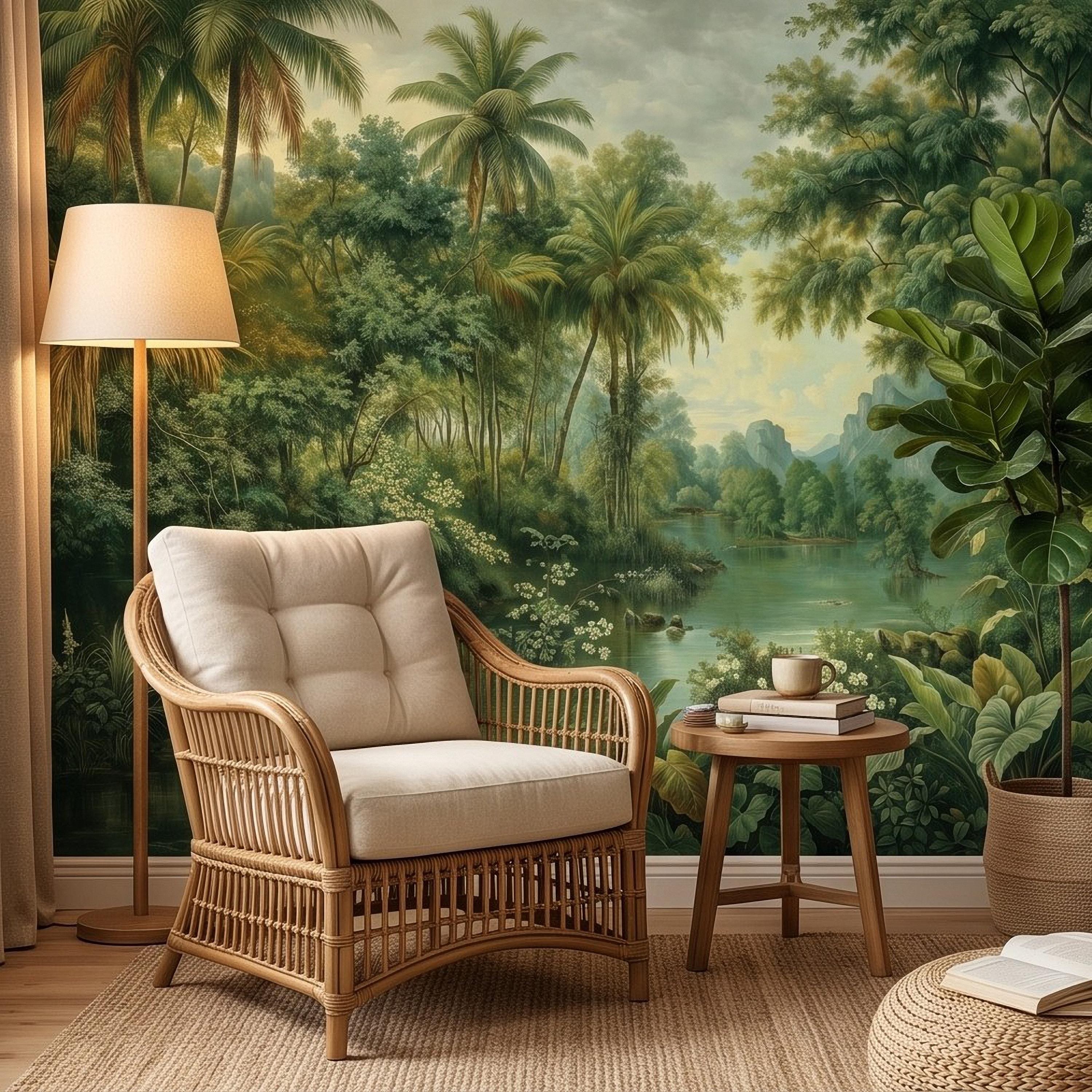 Tropical Landscape Peel and Stick Wall Mural, Lush Rainforest River Palm Trees Vintage Nature Painting Wallpaper