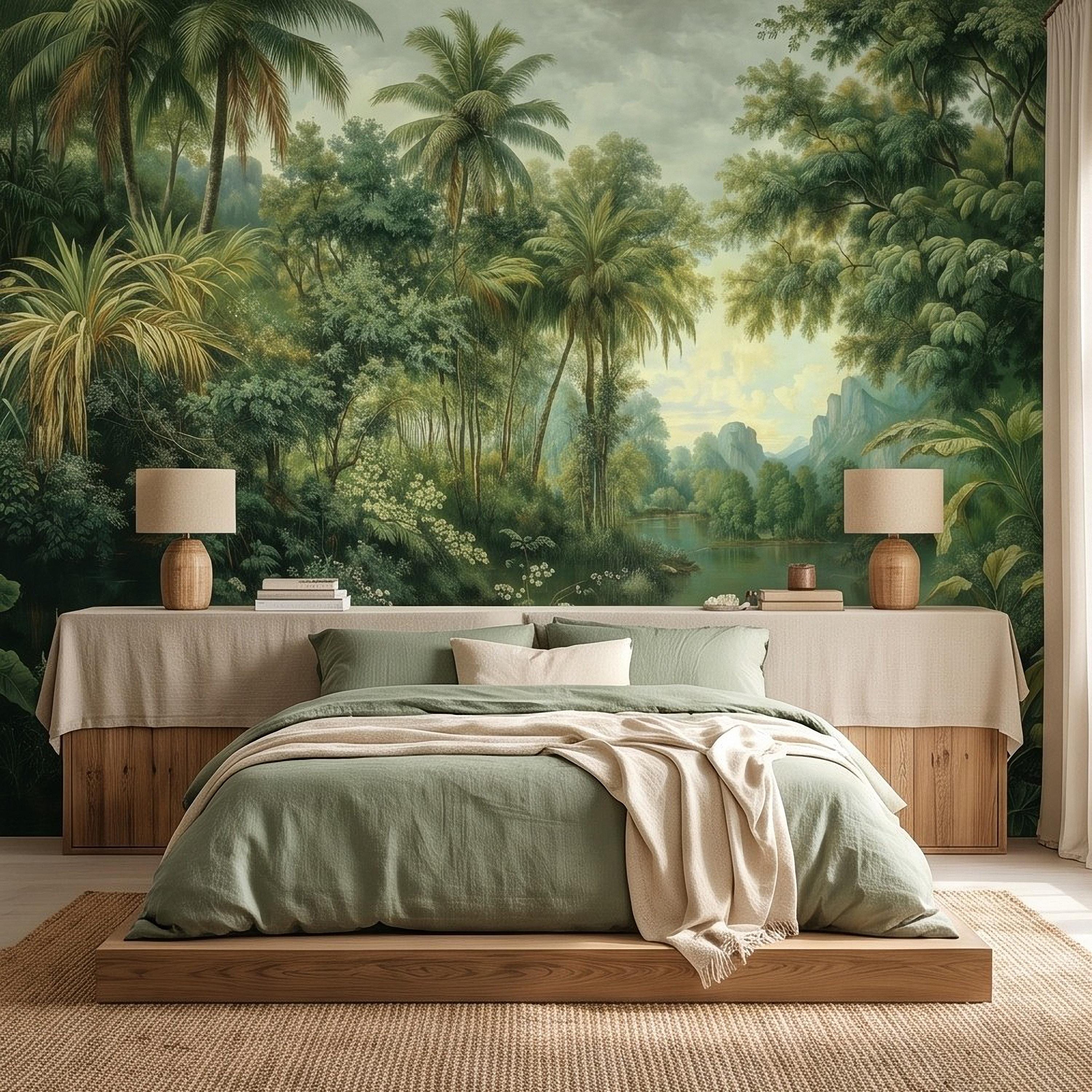 Tropical Landscape Peel and Stick Wall Mural, Lush Rainforest River Palm Trees Vintage Nature Painting Wallpaper