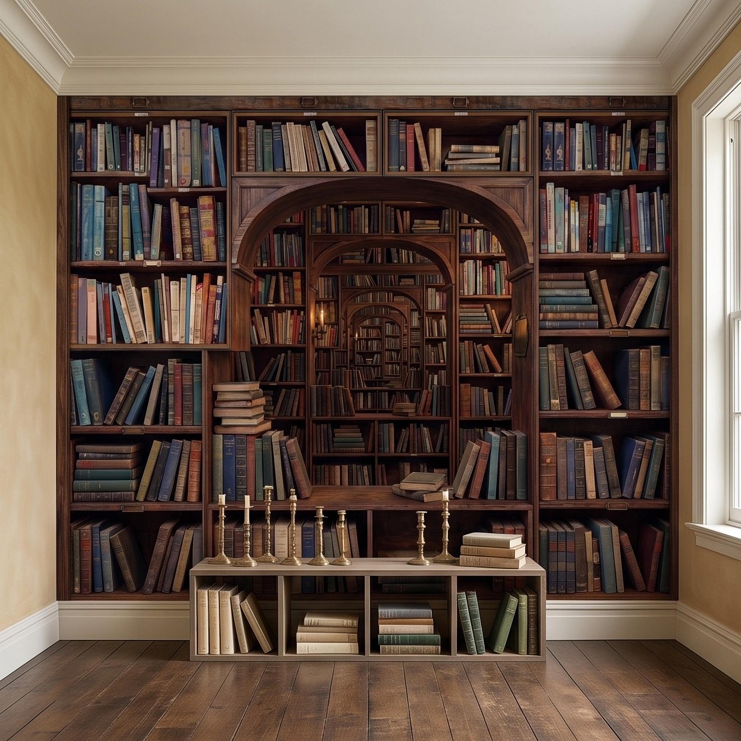 Vintage Library Bookshelf Peel and Stick Wall Mural, Classic Wooden Bookcase Secret Book Room Trompe L'oeil Wallpaper