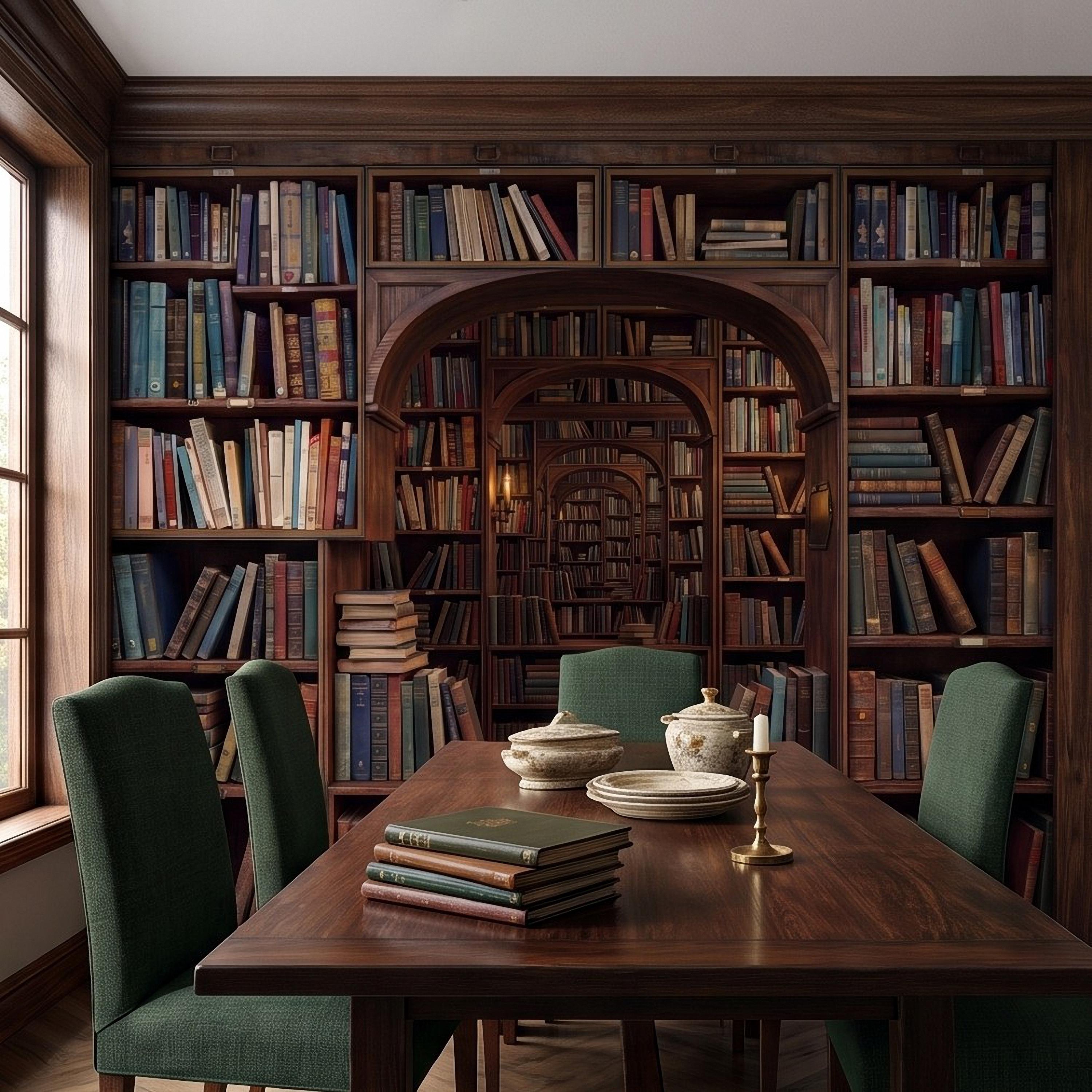 Vintage Library Bookshelf Peel and Stick Wall Mural, Classic Wooden Bookcase Secret Book Room Trompe L'oeil Wallpaper