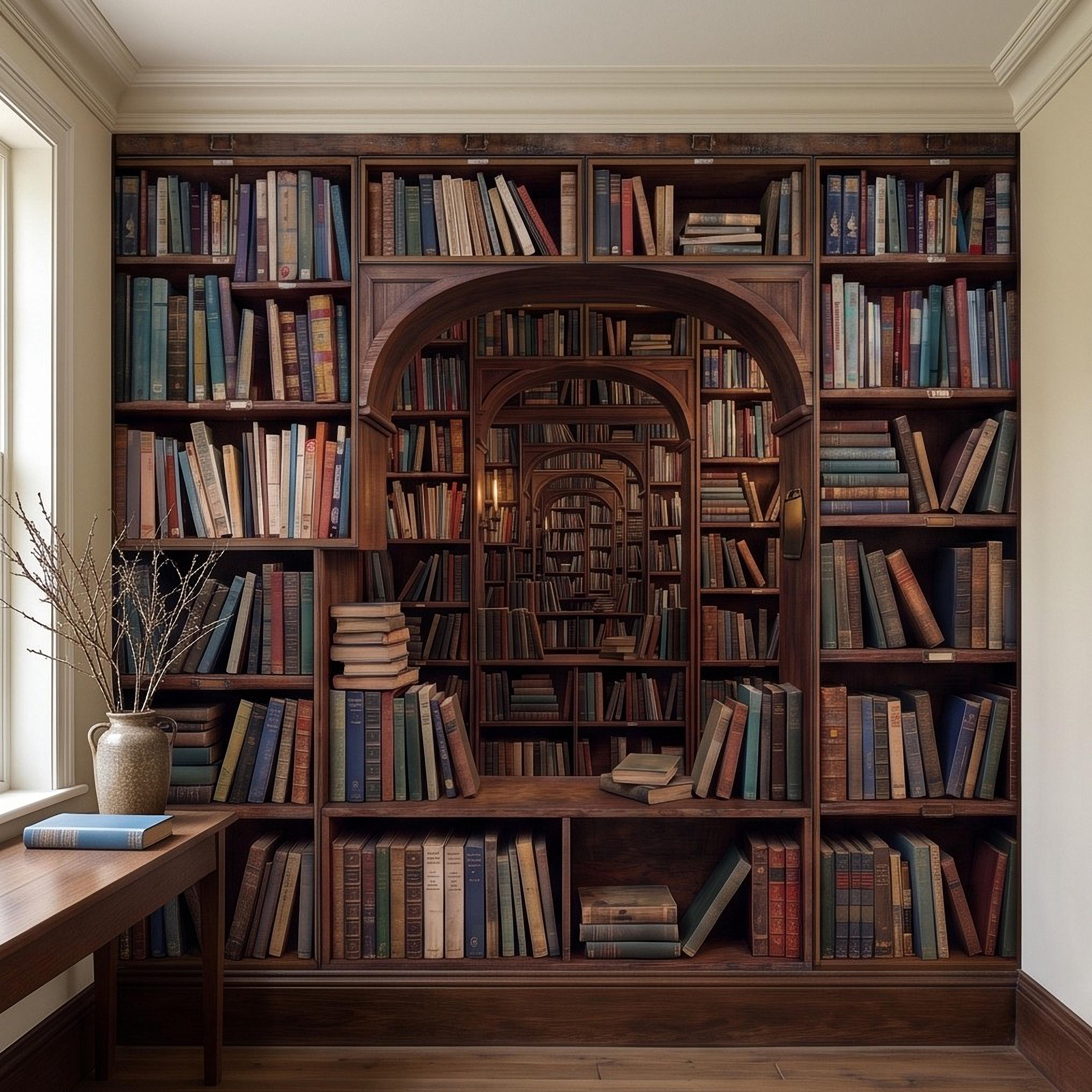 Vintage Library Bookshelf Peel and Stick Wall Mural, Classic Wooden Bookcase Secret Book Room Trompe L'oeil Wallpaper