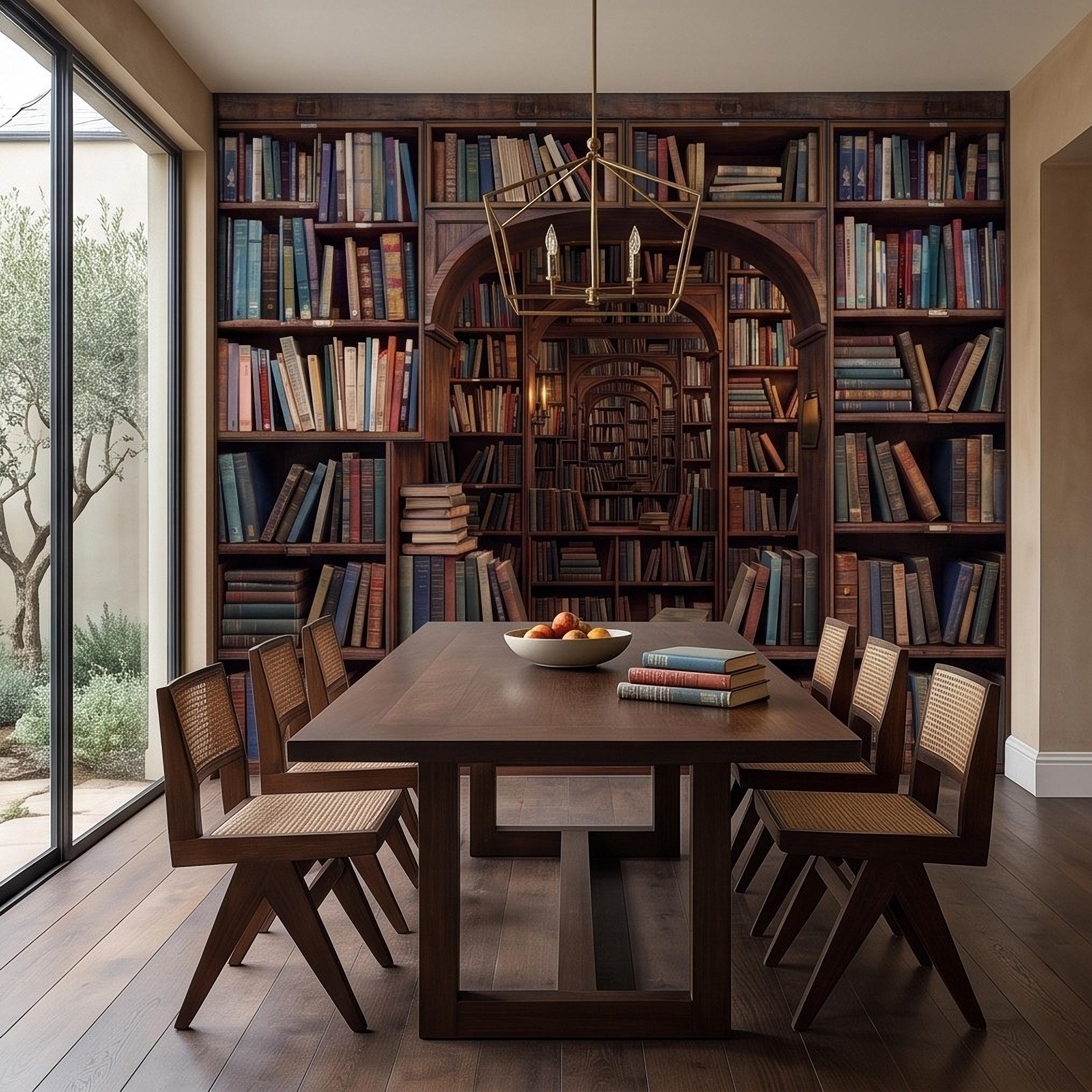 Vintage Library Bookshelf Peel and Stick Wall Mural, Classic Wooden Bookcase Secret Book Room Trompe L'oeil Wallpaper