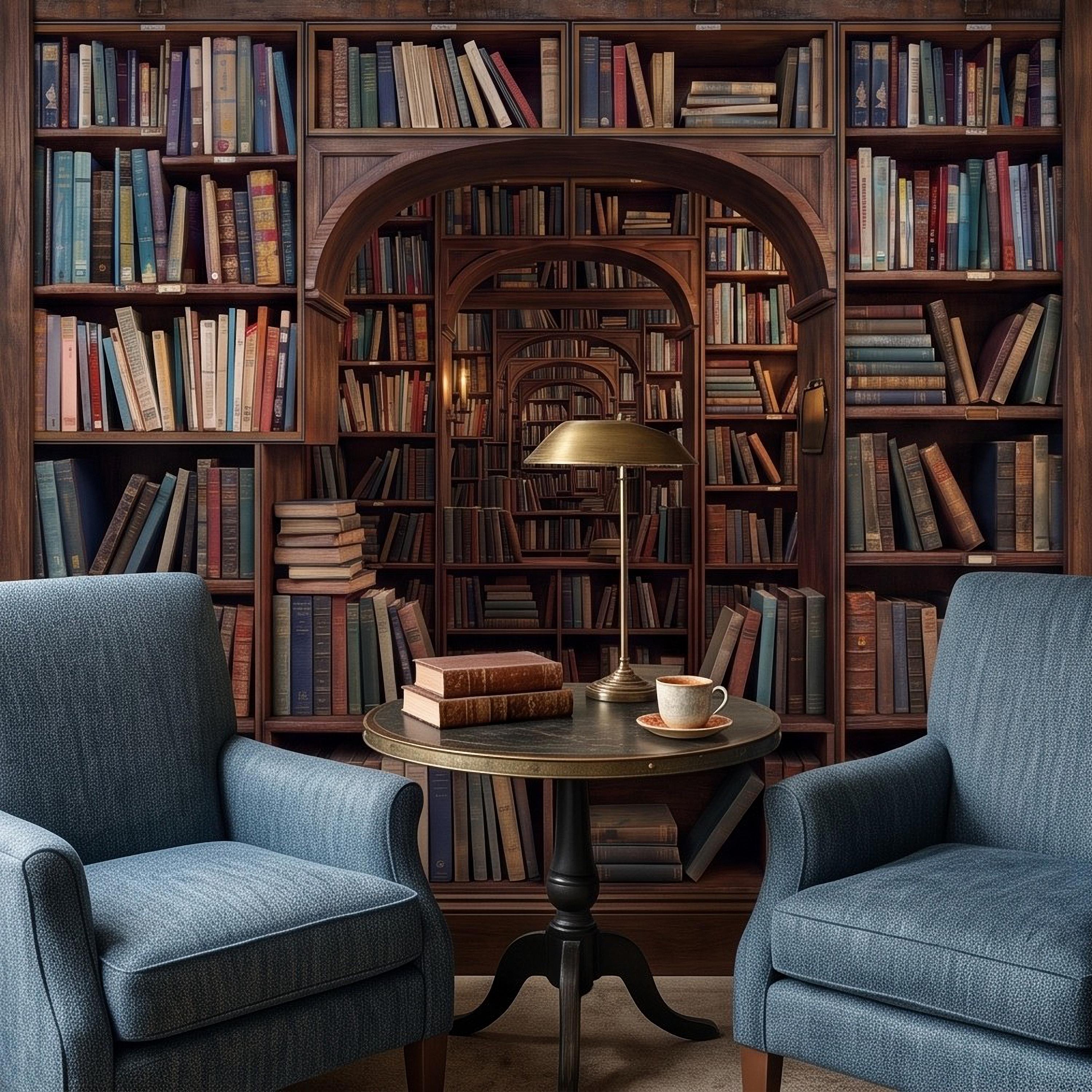 Vintage Library Bookshelf Peel and Stick Wall Mural, Classic Wooden Bookcase Secret Book Room Trompe L'oeil Wallpaper