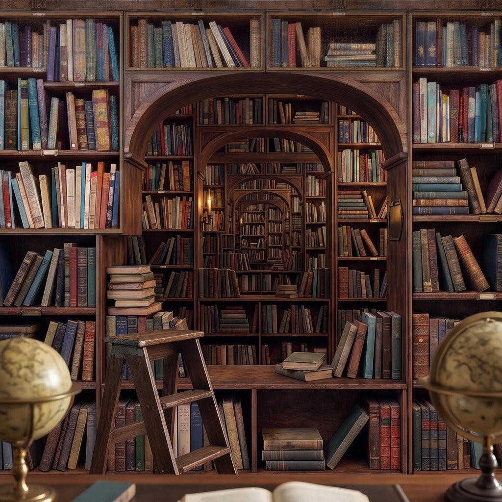Vintage Library Bookshelf Peel and Stick Wall Mural, Classic Wooden Bookcase Secret Book Room Trompe L'oeil Wallpaper