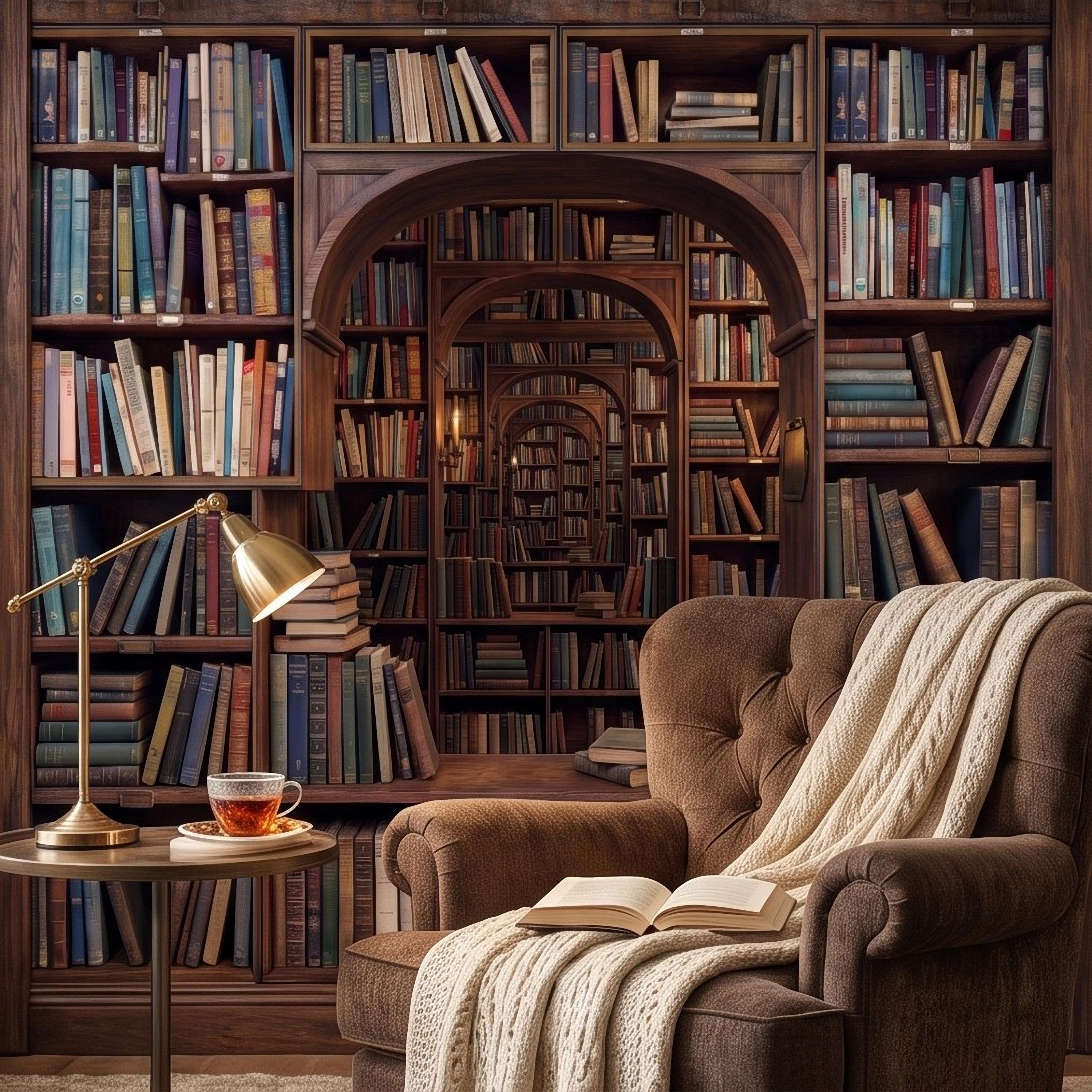 Vintage Library Bookshelf Peel and Stick Wall Mural, Classic Wooden Bookcase Secret Book Room Trompe L'oeil Wallpaper