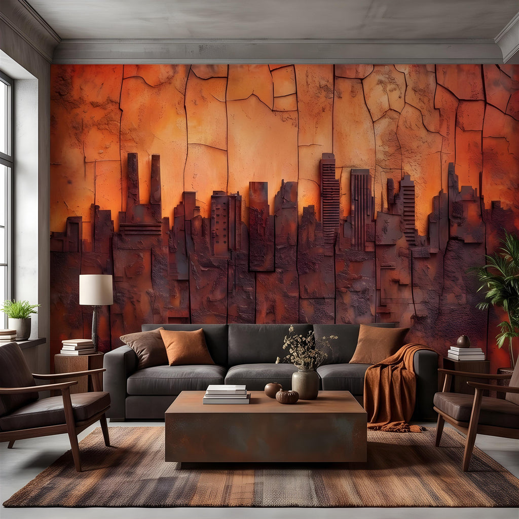 3D Abstract City Skyline Peel and Stick Wall Mural, Industrial Textured Relief, Urban Architectural Silhouette Contemporary Wallpaper