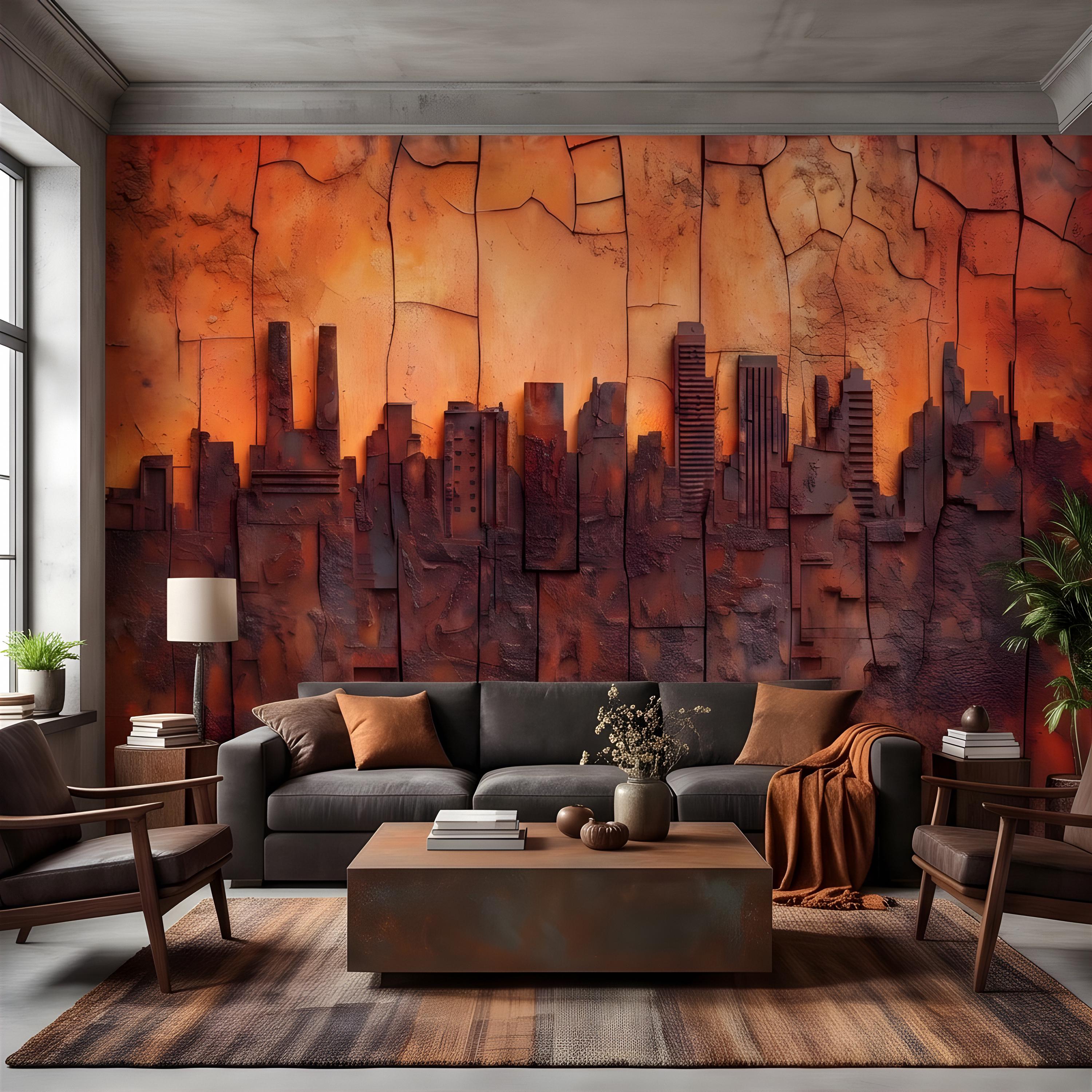 3D Abstract City Skyline Peel and Stick Wall Mural, Industrial Textured Relief, Urban Architectural Silhouette Contemporary Wallpaper