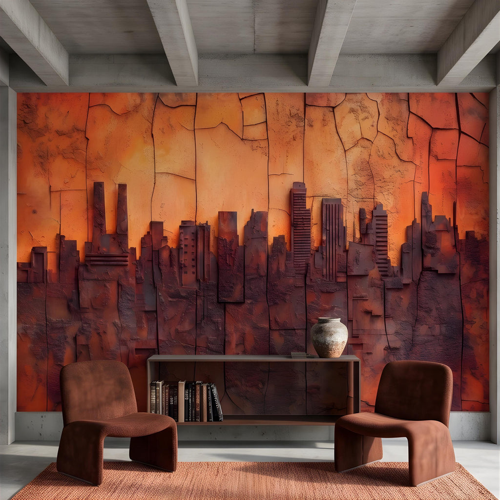 3D Abstract City Skyline Peel and Stick Wall Mural, Industrial Textured Relief, Urban Architectural Silhouette Contemporary Wallpaper
