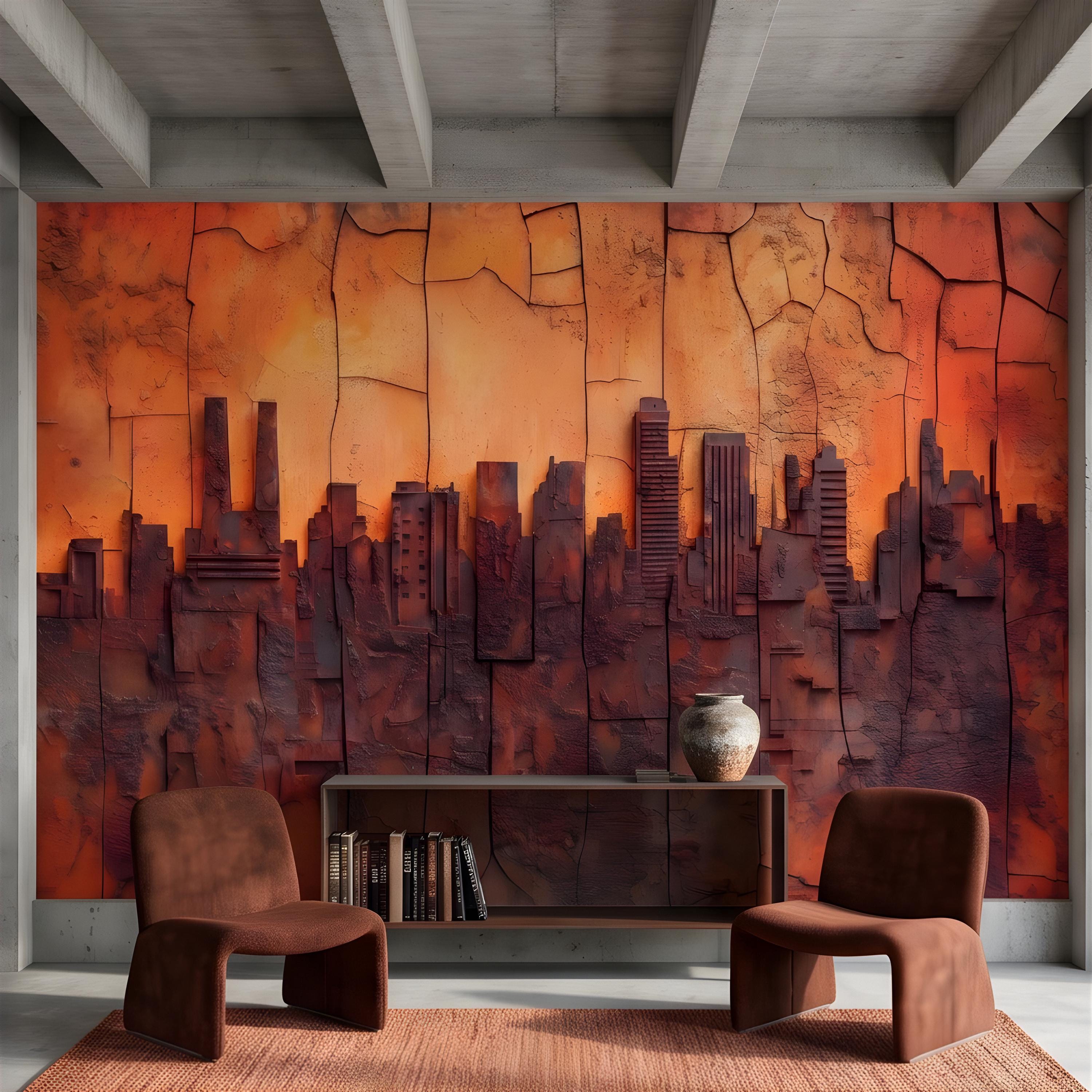 3D Abstract City Skyline Peel and Stick Wall Mural, Industrial Textured Relief, Urban Architectural Silhouette Contemporary Wallpaper
