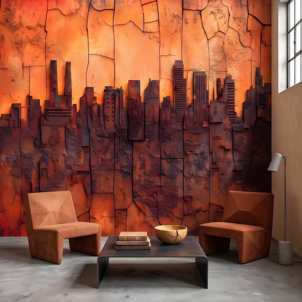 3D Abstract City Skyline Peel and Stick Wall Mural, Industrial Textured Relief, Urban Architectural Silhouette Contemporary Wallpaper