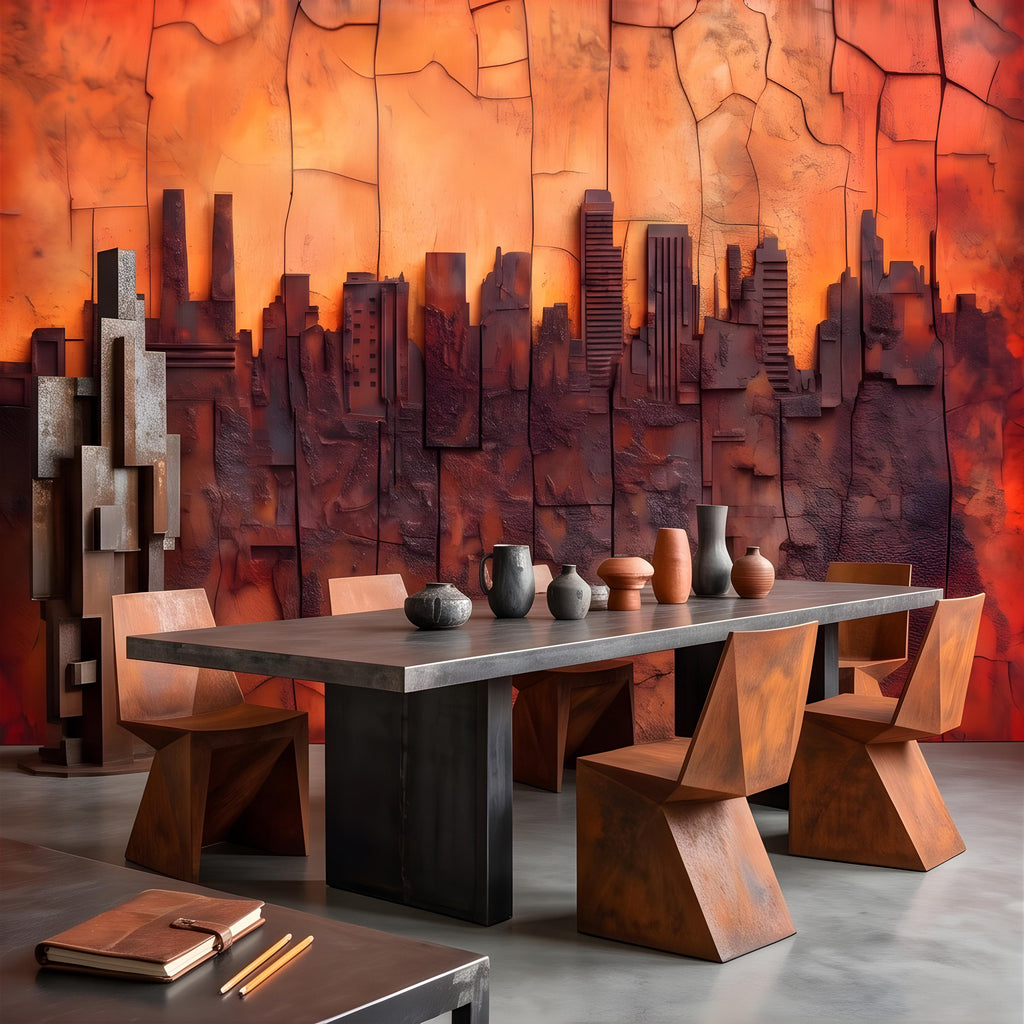 3D Abstract City Skyline Peel and Stick Wall Mural, Industrial Textured Relief, Urban Architectural Silhouette Contemporary Wallpaper