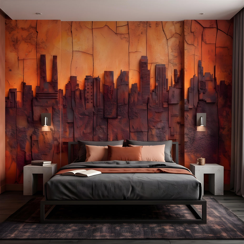 3D Abstract City Skyline Peel and Stick Wall Mural, Industrial Textured Relief, Urban Architectural Silhouette Contemporary Wallpaper