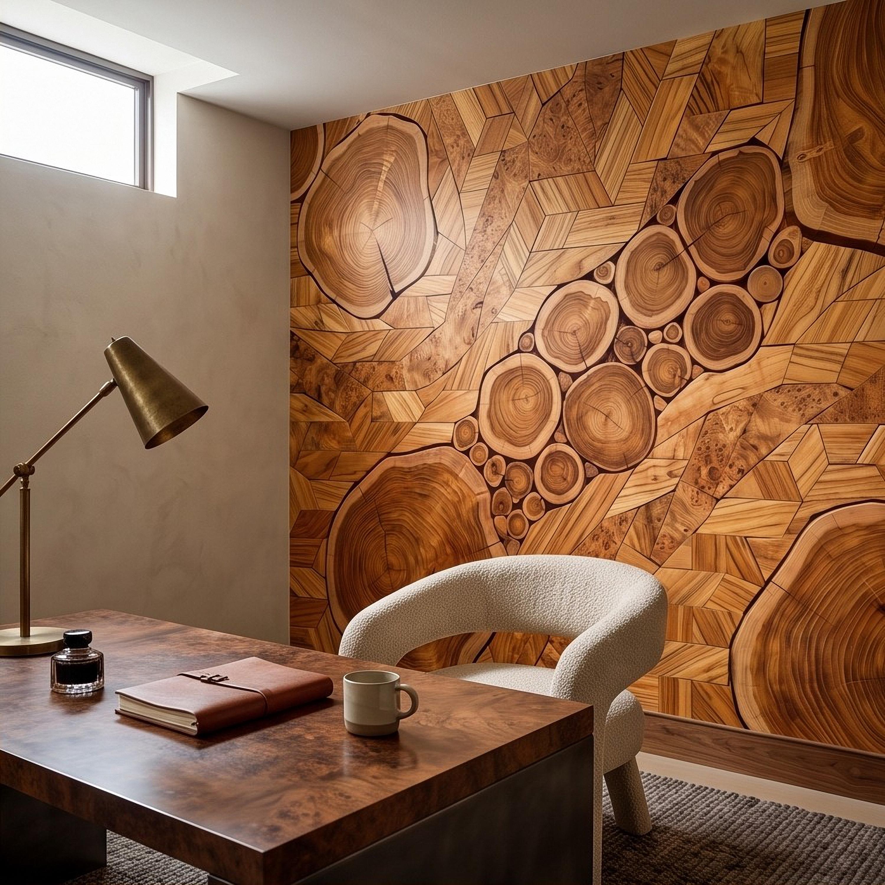 Natural Wood Peel and Stick Wall Mural, Rustic Tree Ring Log Slice Herringbone Timber Texture Organic Wallpaper