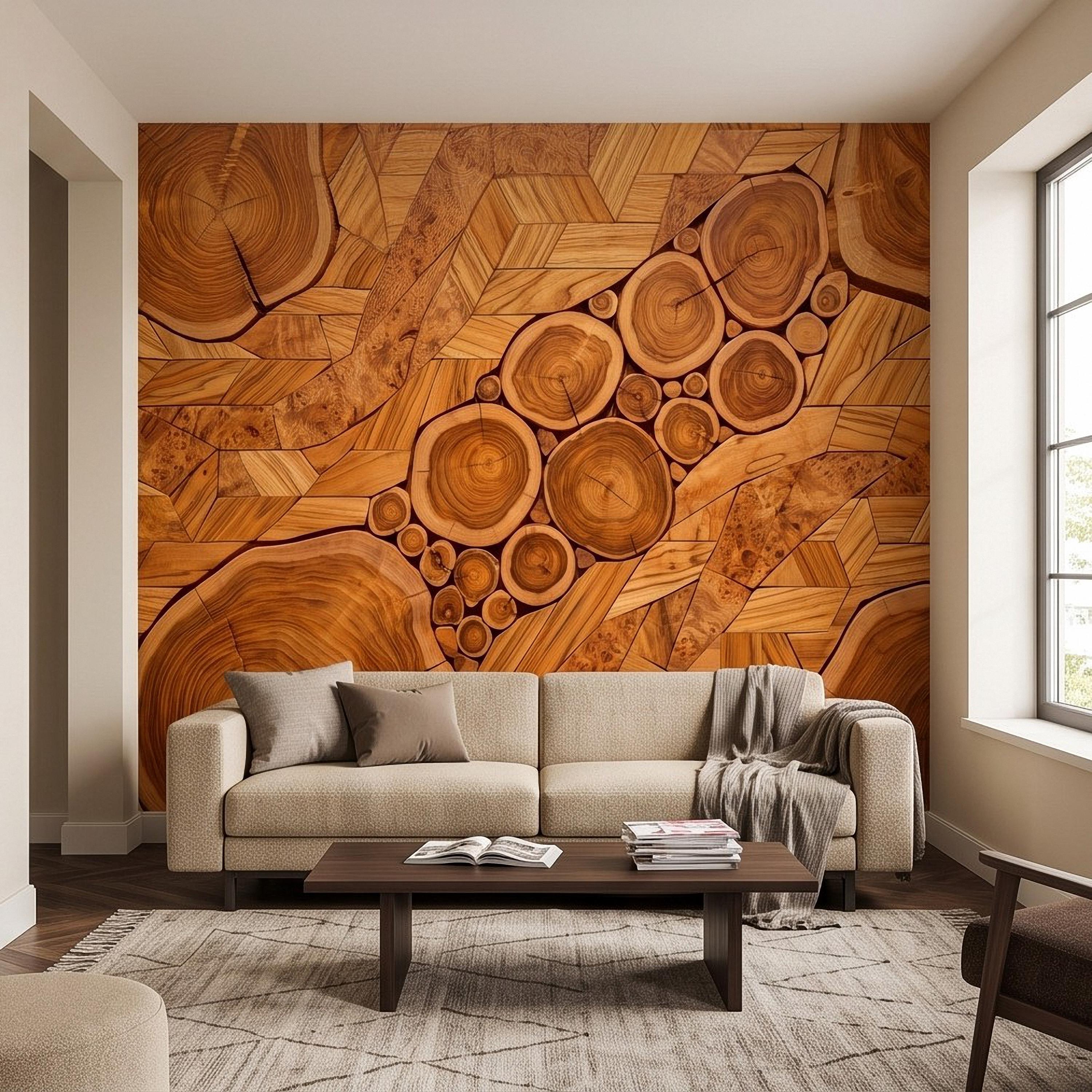 Natural Wood Peel and Stick Wall Mural, Rustic Tree Ring Log Slice Herringbone Timber Texture Organic Wallpaper