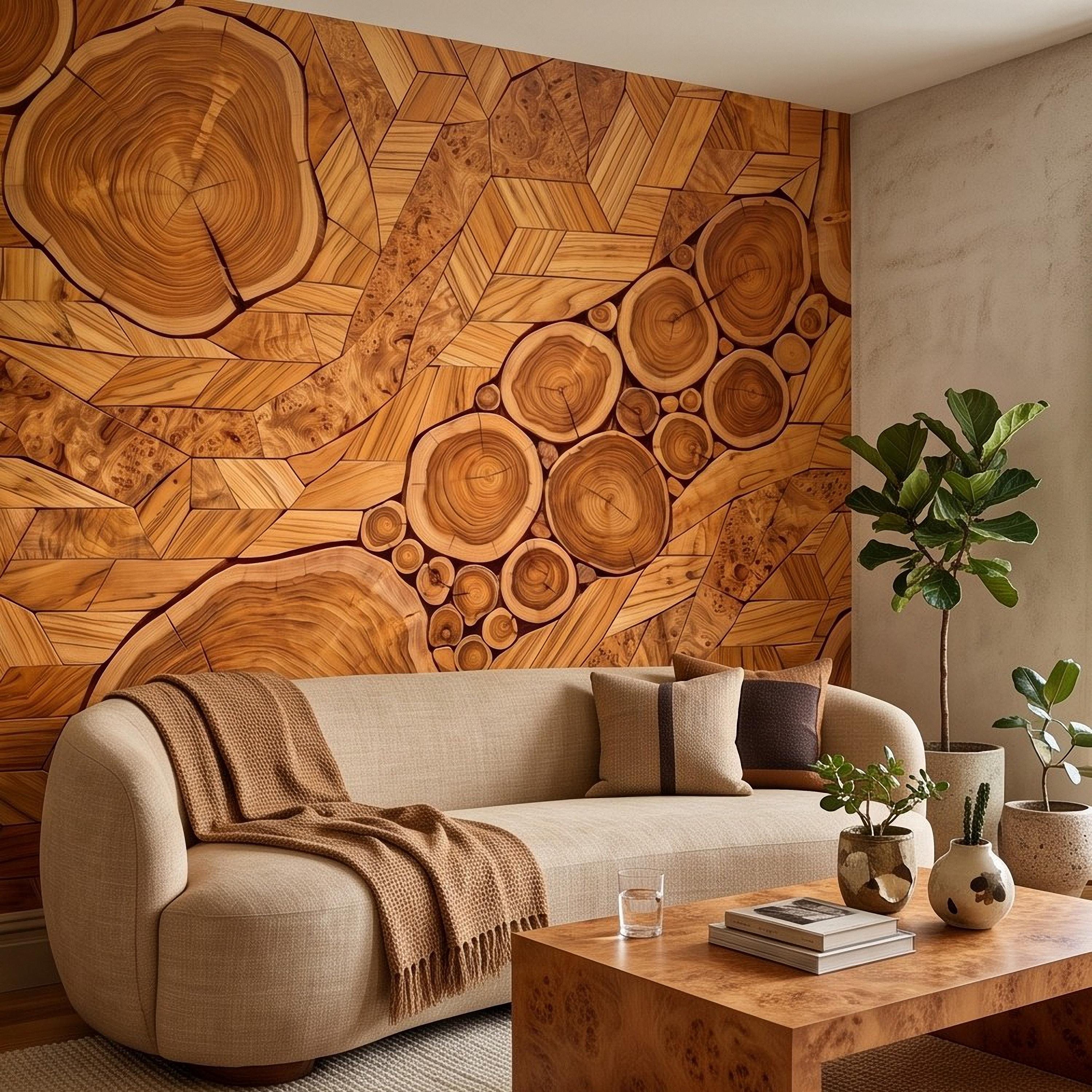 Natural Wood Peel and Stick Wall Mural, Rustic Tree Ring Log Slice Herringbone Timber Texture Organic Wallpaper