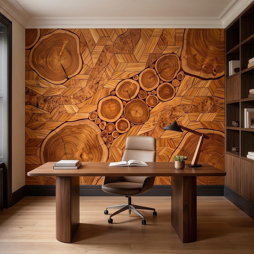 Natural Wood Peel and Stick Wall Mural, Rustic Tree Ring Log Slice Herringbone Timber Texture Organic Wallpaper