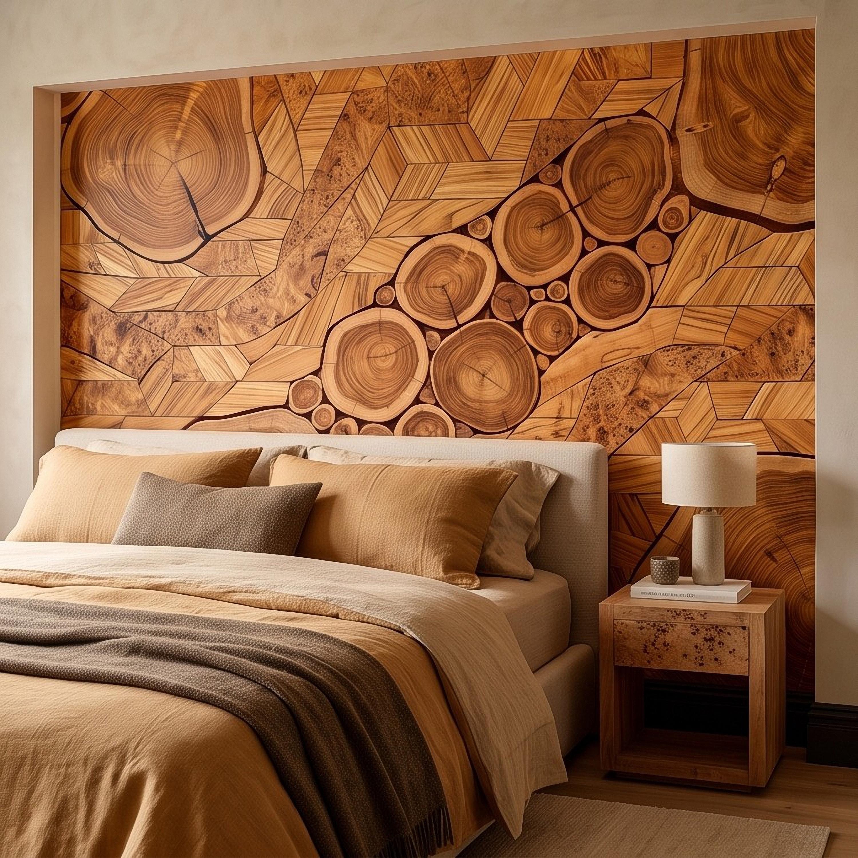 Natural Wood Peel and Stick Wall Mural, Rustic Tree Ring Log Slice Herringbone Timber Texture Organic Wallpaper