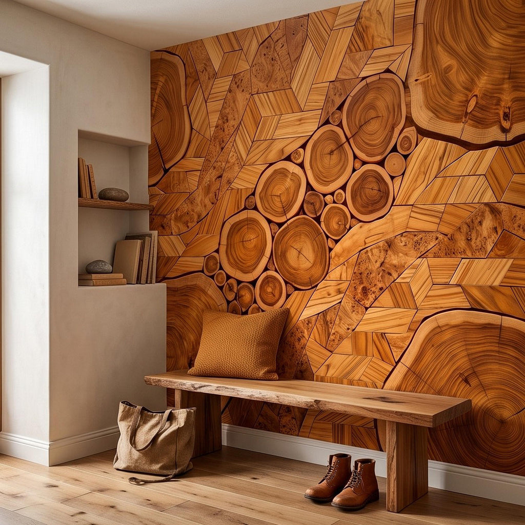 Natural Wood Peel and Stick Wall Mural, Rustic Tree Ring Log Slice Herringbone Timber Texture Organic Wallpaper
