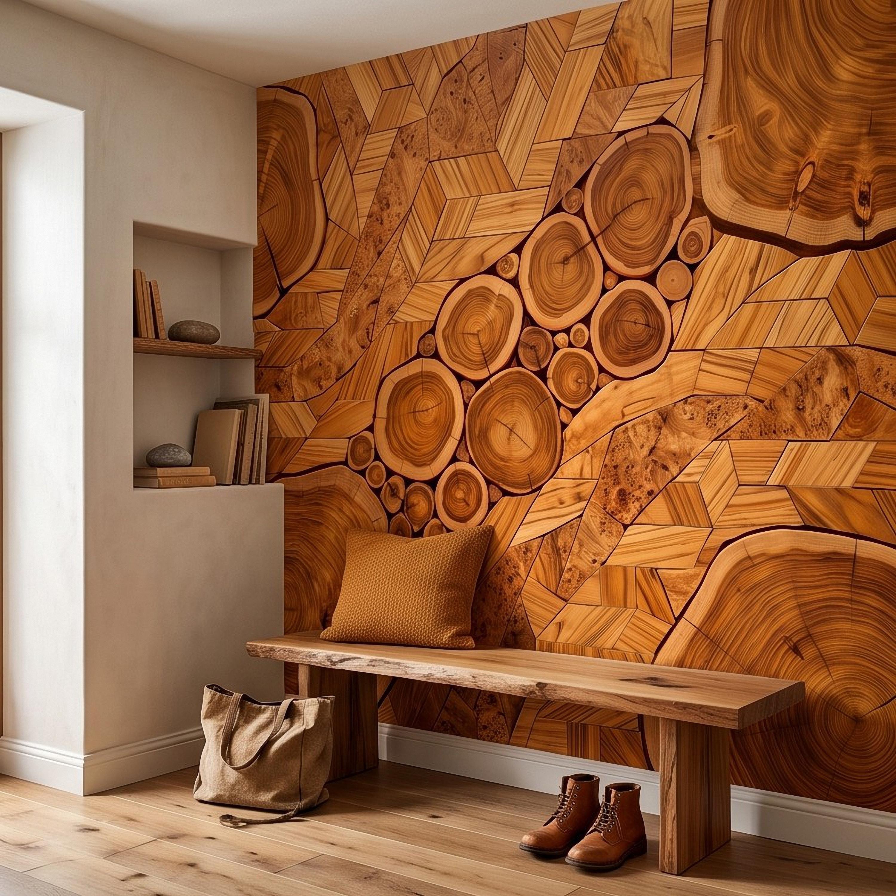 Natural Wood Peel and Stick Wall Mural, Rustic Tree Ring Log Slice Herringbone Timber Texture Organic Wallpaper