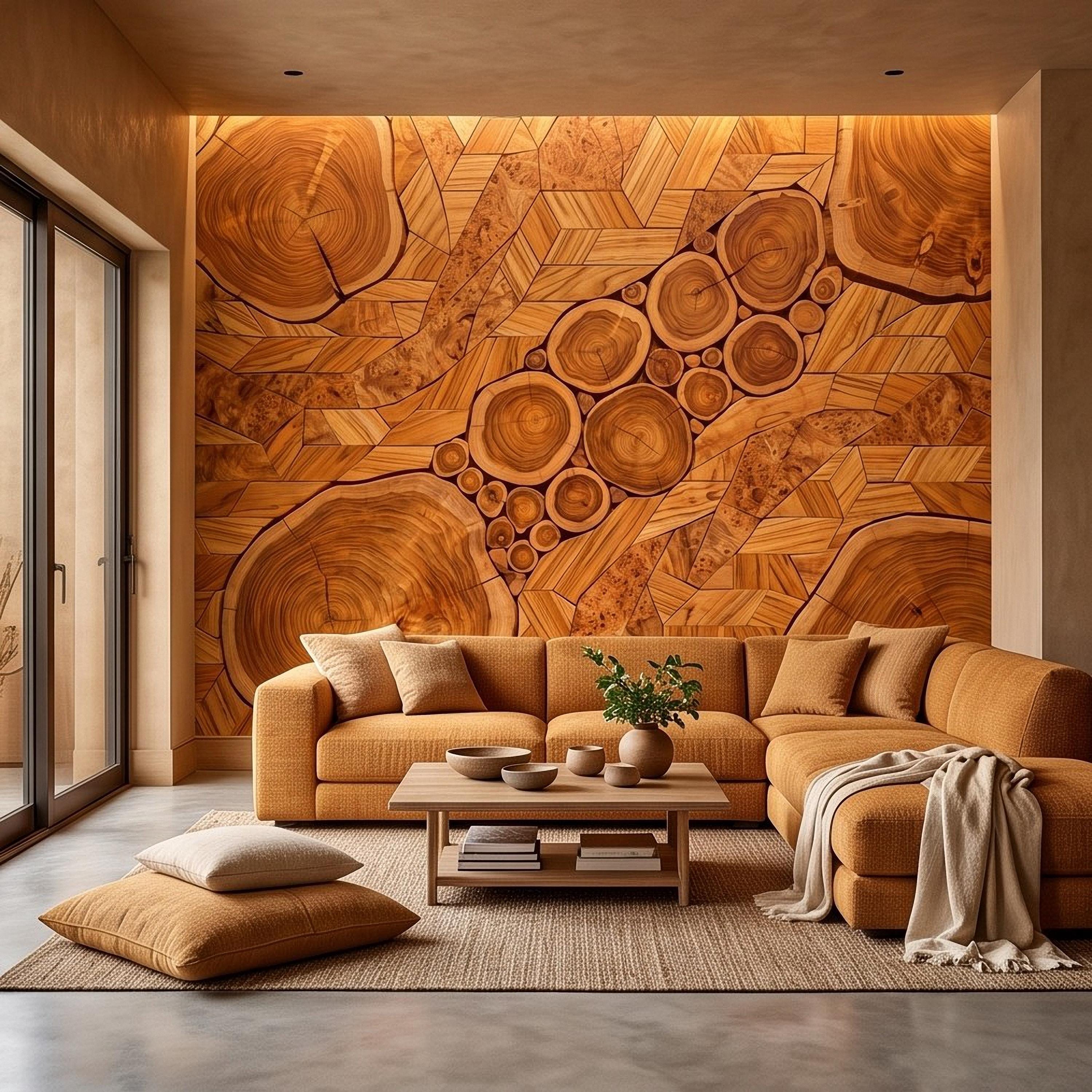 Natural Wood Peel and Stick Wall Mural, Rustic Tree Ring Log Slice Herringbone Timber Texture Organic Wallpaper