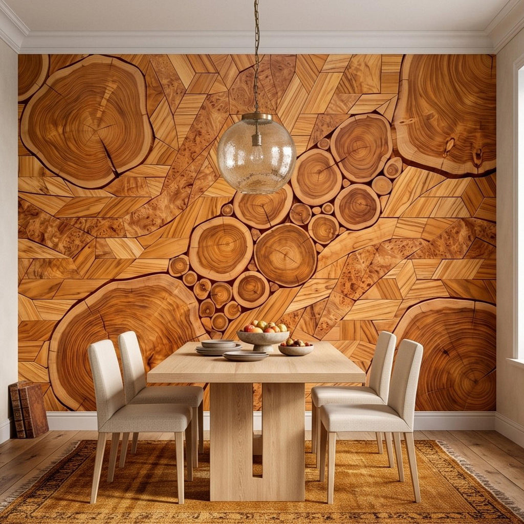 Natural Wood Peel and Stick Wall Mural, Rustic Tree Ring Log Slice Herringbone Timber Texture Organic Wallpaper