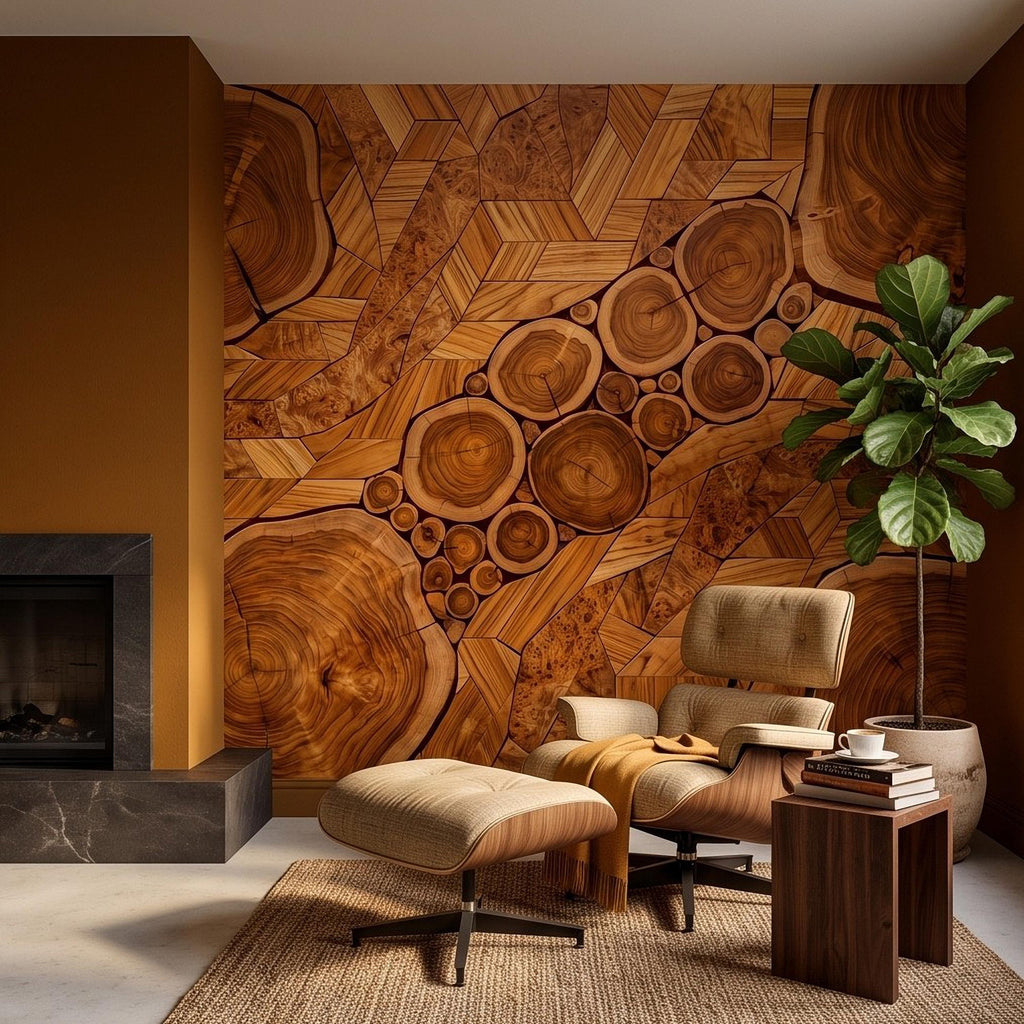 Natural Wood Peel and Stick Wall Mural, Rustic Tree Ring Log Slice Herringbone Timber Texture Organic Wallpaper