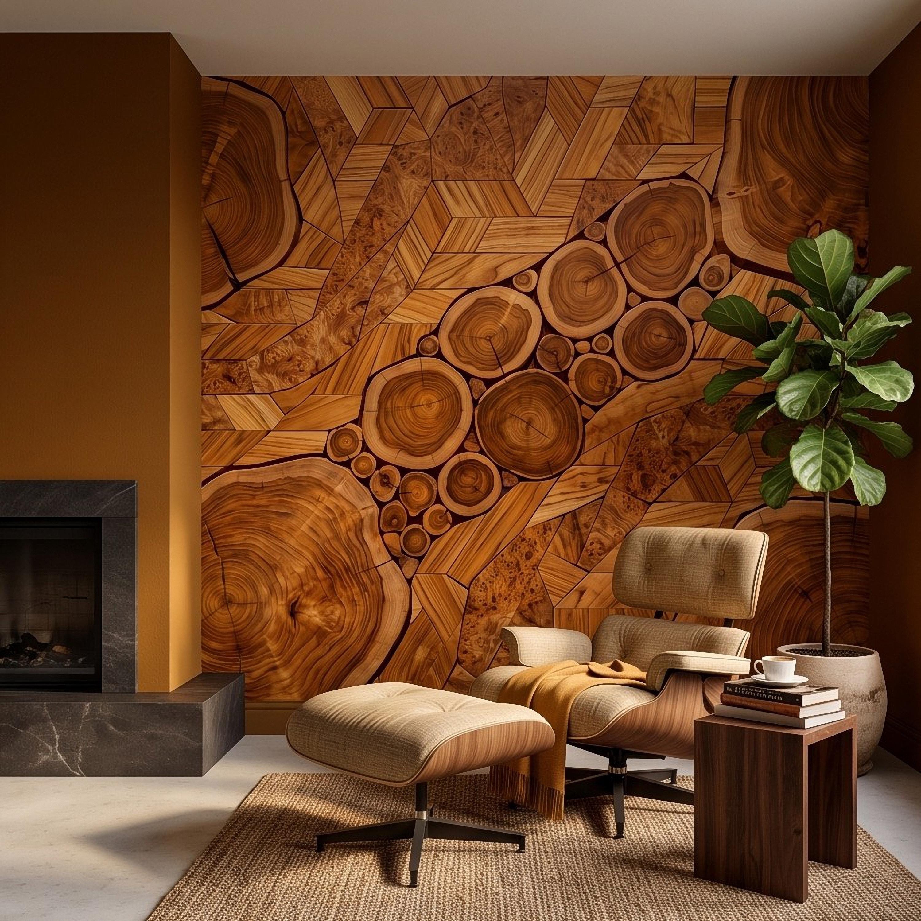 Natural Wood Peel and Stick Wall Mural, Rustic Tree Ring Log Slice Herringbone Timber Texture Organic Wallpaper