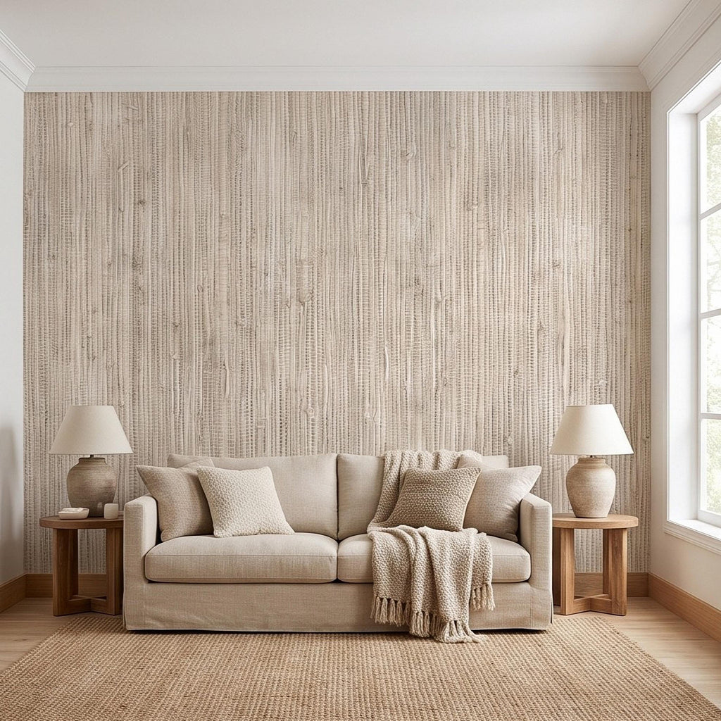 Grasscloth Peel and Stick Wall Mural, Natural Sisal Woven Texture, Neutral Linen Fiber Effect Luxury Organic Wallpaper