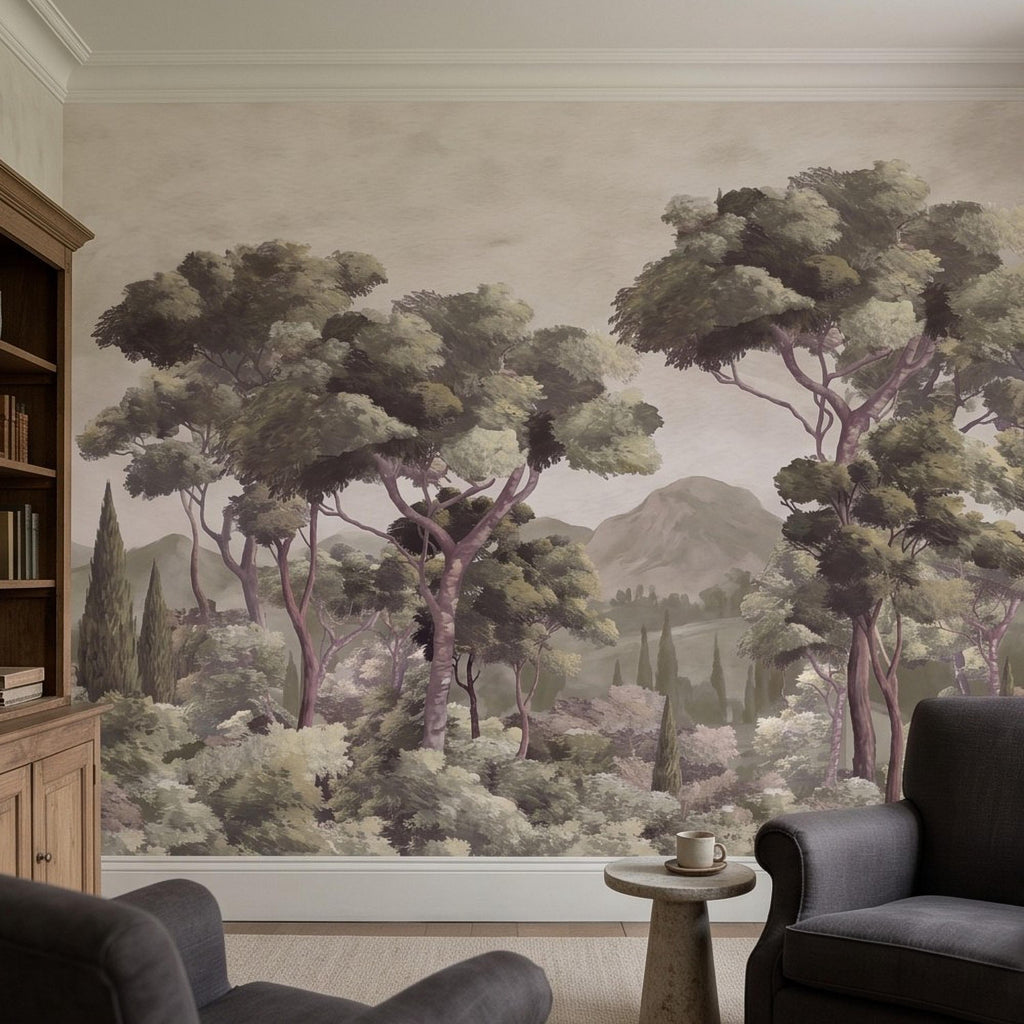 Mediterranean Landscape Peel and Stick Wall Mural, Italian Cypress Trees Vintage Forest Mountain Scenic Wallpaper