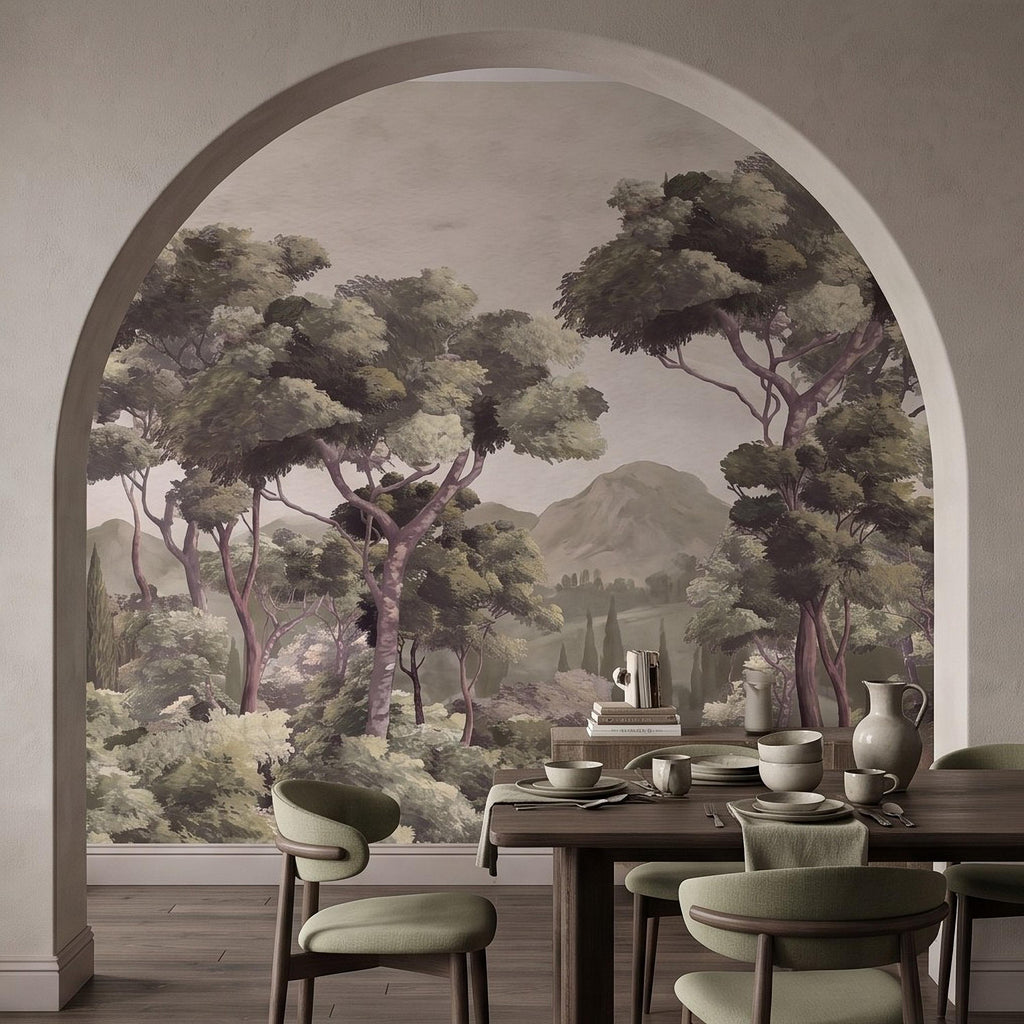 Mediterranean Landscape Peel and Stick Wall Mural, Italian Cypress Trees Vintage Forest Mountain Scenic Wallpaper