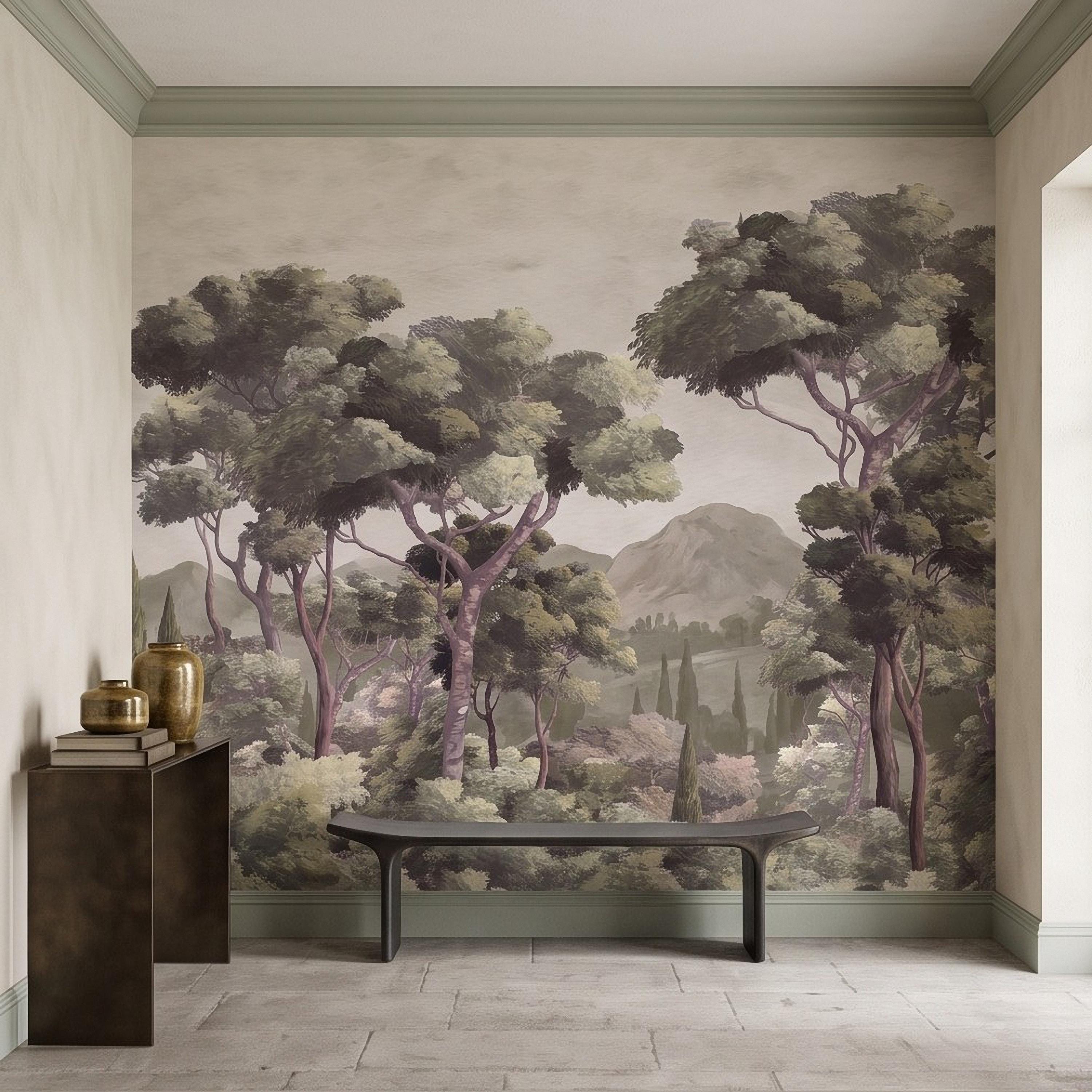 Mediterranean Landscape Peel and Stick Wall Mural, Italian Cypress Trees Vintage Forest Mountain Scenic Wallpaper