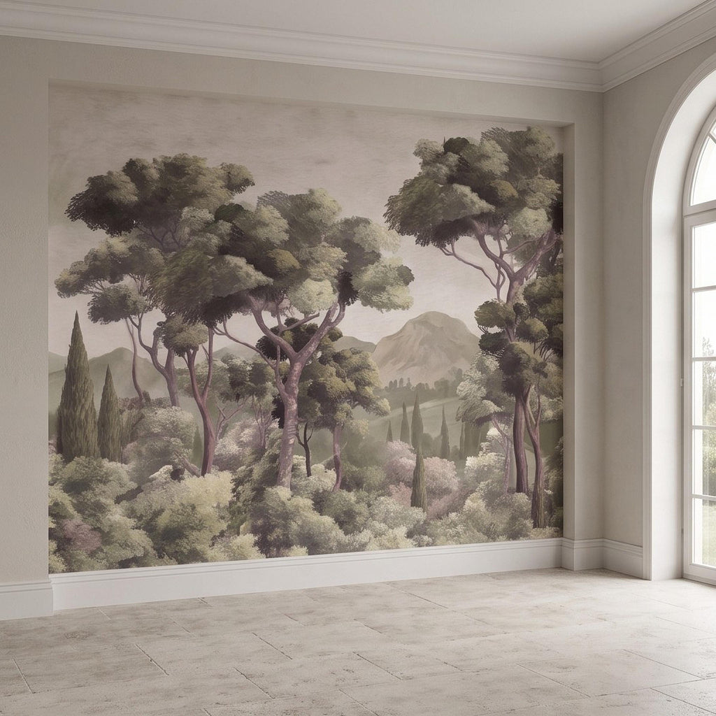 Mediterranean Landscape Peel and Stick Wall Mural, Italian Cypress Trees Vintage Forest Mountain Scenic Wallpaper