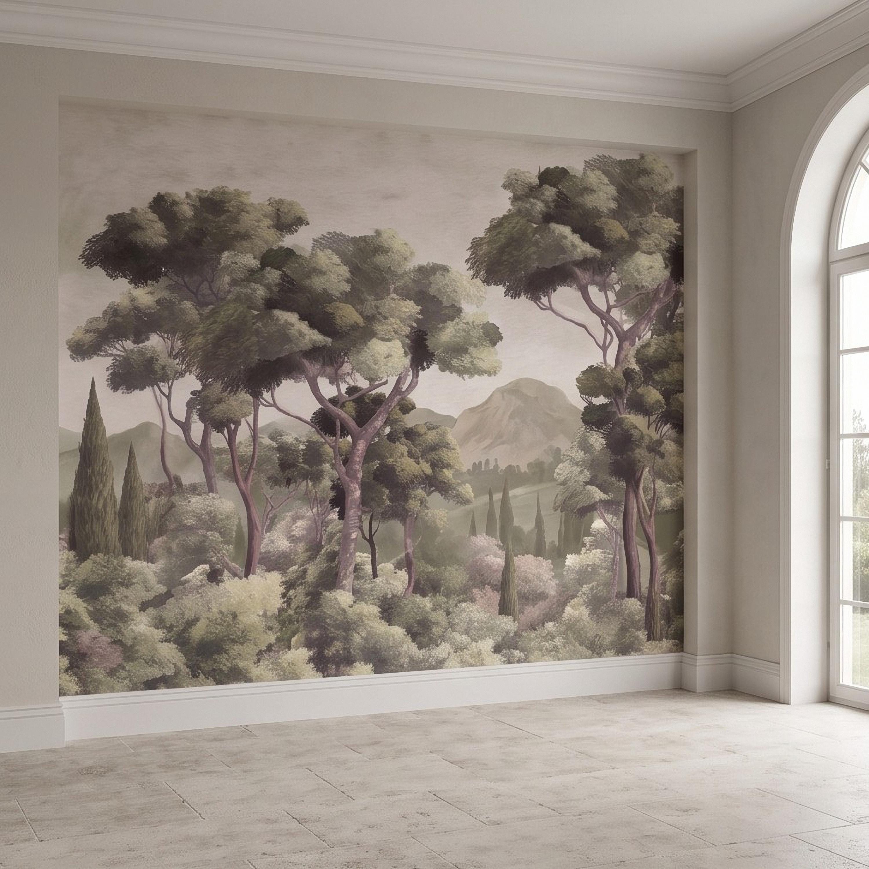 Mediterranean Landscape Peel and Stick Wall Mural, Italian Cypress Trees Vintage Forest Mountain Scenic Wallpaper