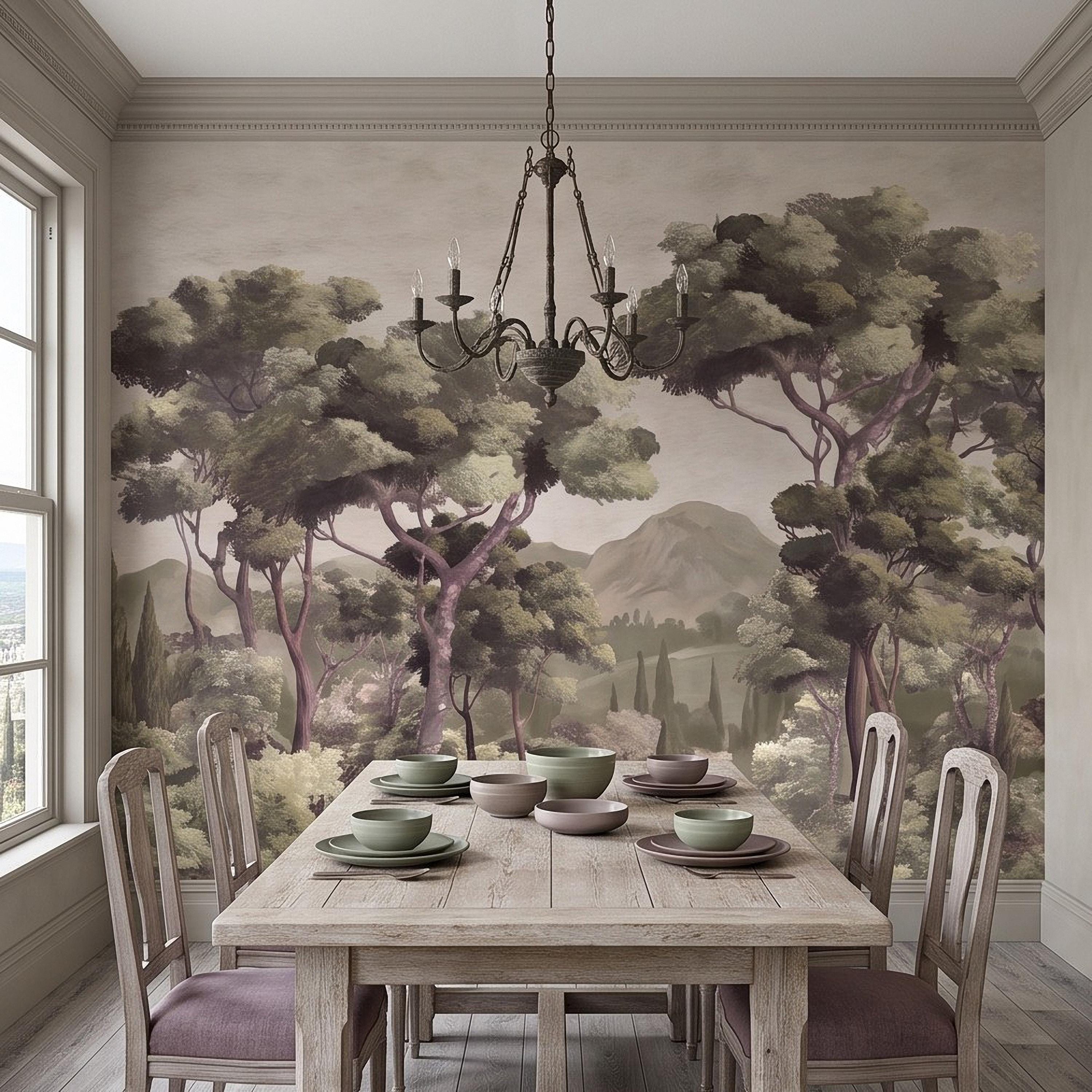 Mediterranean Landscape Peel and Stick Wall Mural, Italian Cypress Trees Vintage Forest Mountain Scenic Wallpaper