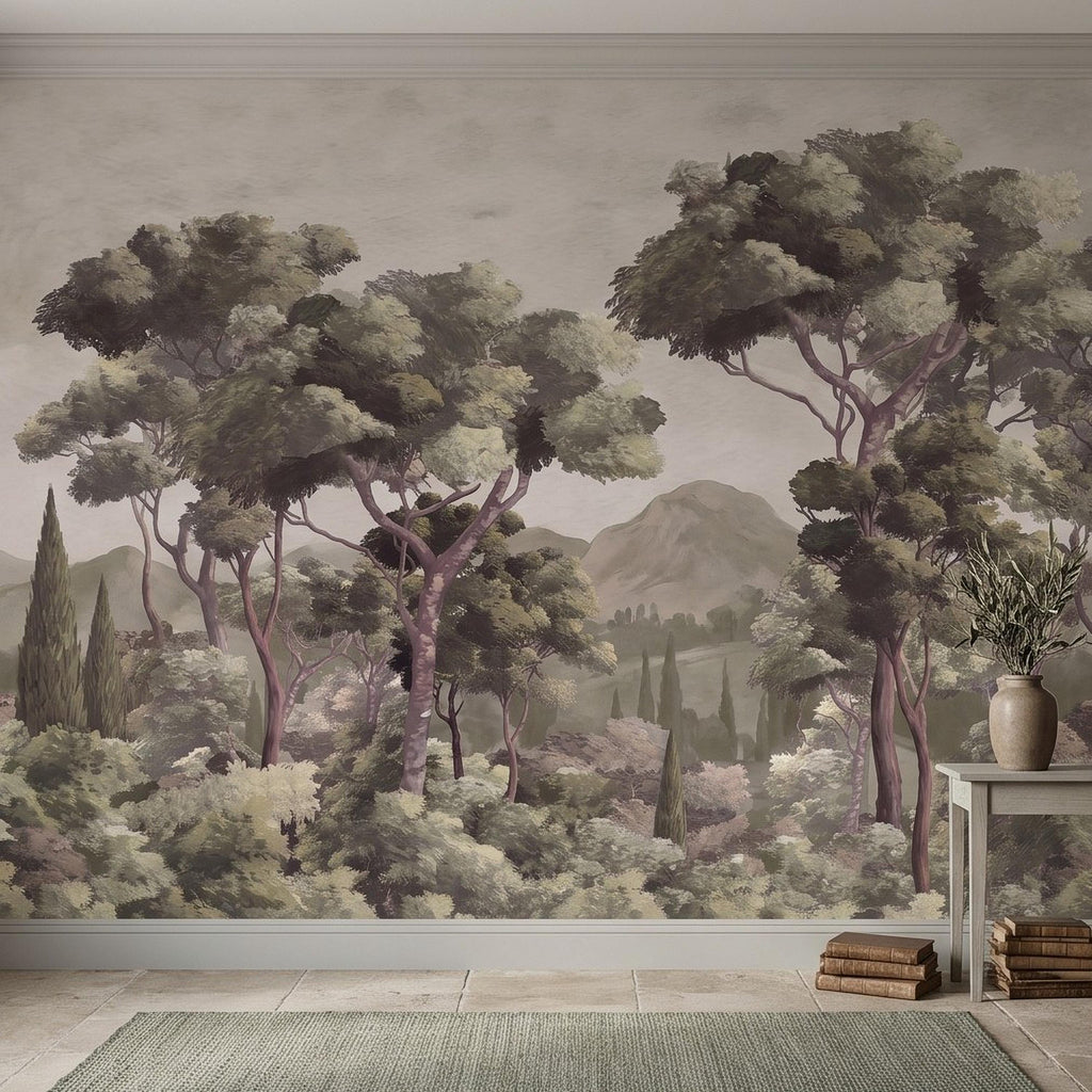 Mediterranean Landscape Peel and Stick Wall Mural, Italian Cypress Trees Vintage Forest Mountain Scenic Wallpaper