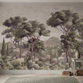 Mediterranean Landscape Peel and Stick Wall Mural, Italian Cypress Trees Vintage Forest Mountain Scenic Wallpaper