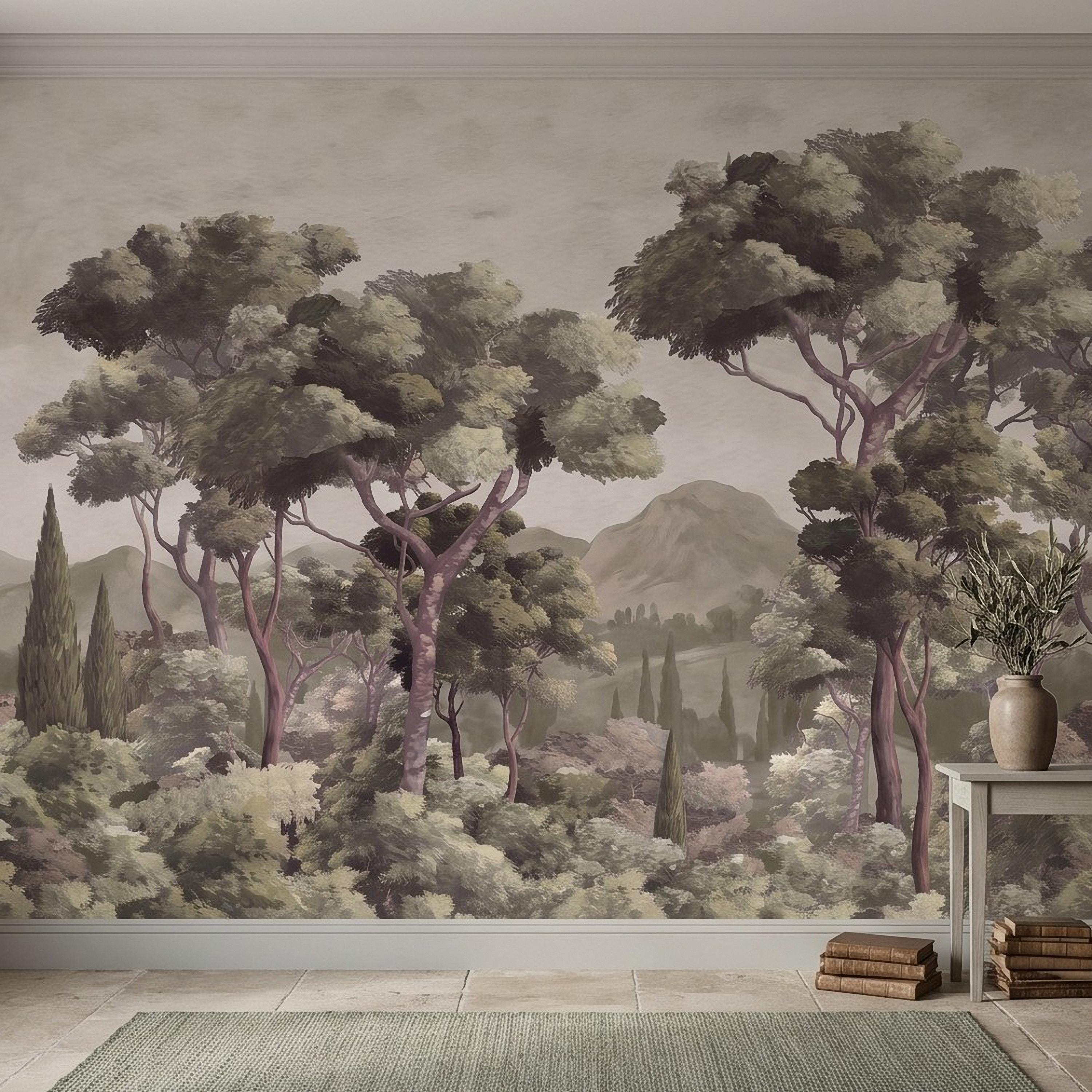 Mediterranean Landscape Peel and Stick Wall Mural, Italian Cypress Trees Vintage Forest Mountain Scenic Wallpaper