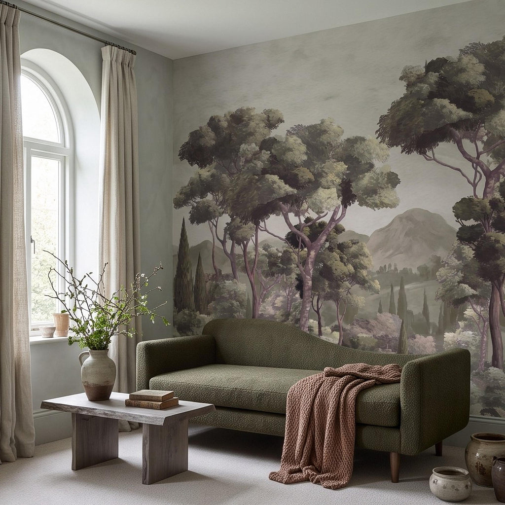 Mediterranean Landscape Peel and Stick Wall Mural, Italian Cypress Trees Vintage Forest Mountain Scenic Wallpaper